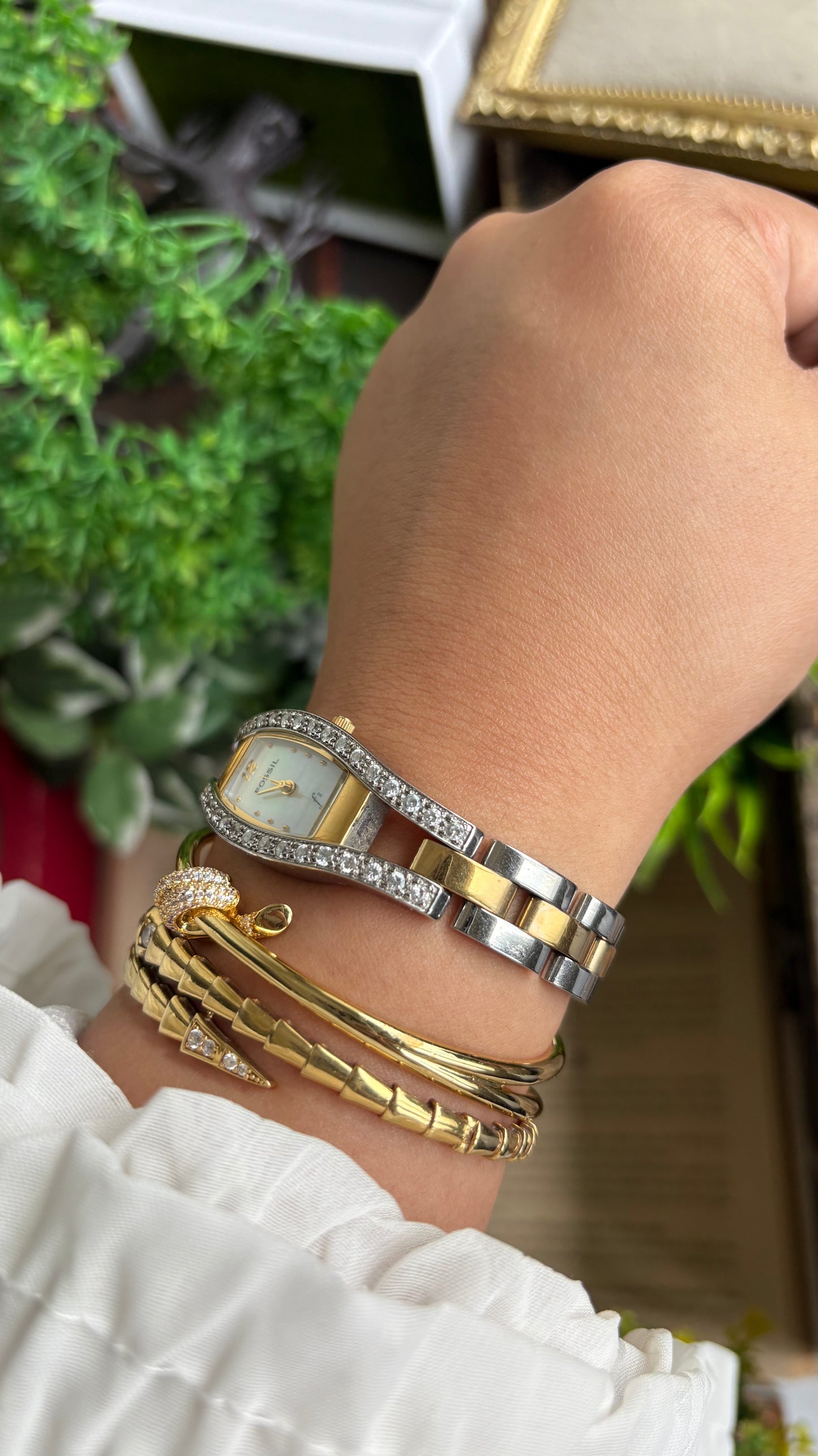 Vintage Fossil Bejeweled Watch in Two-Tone Pearl Dial