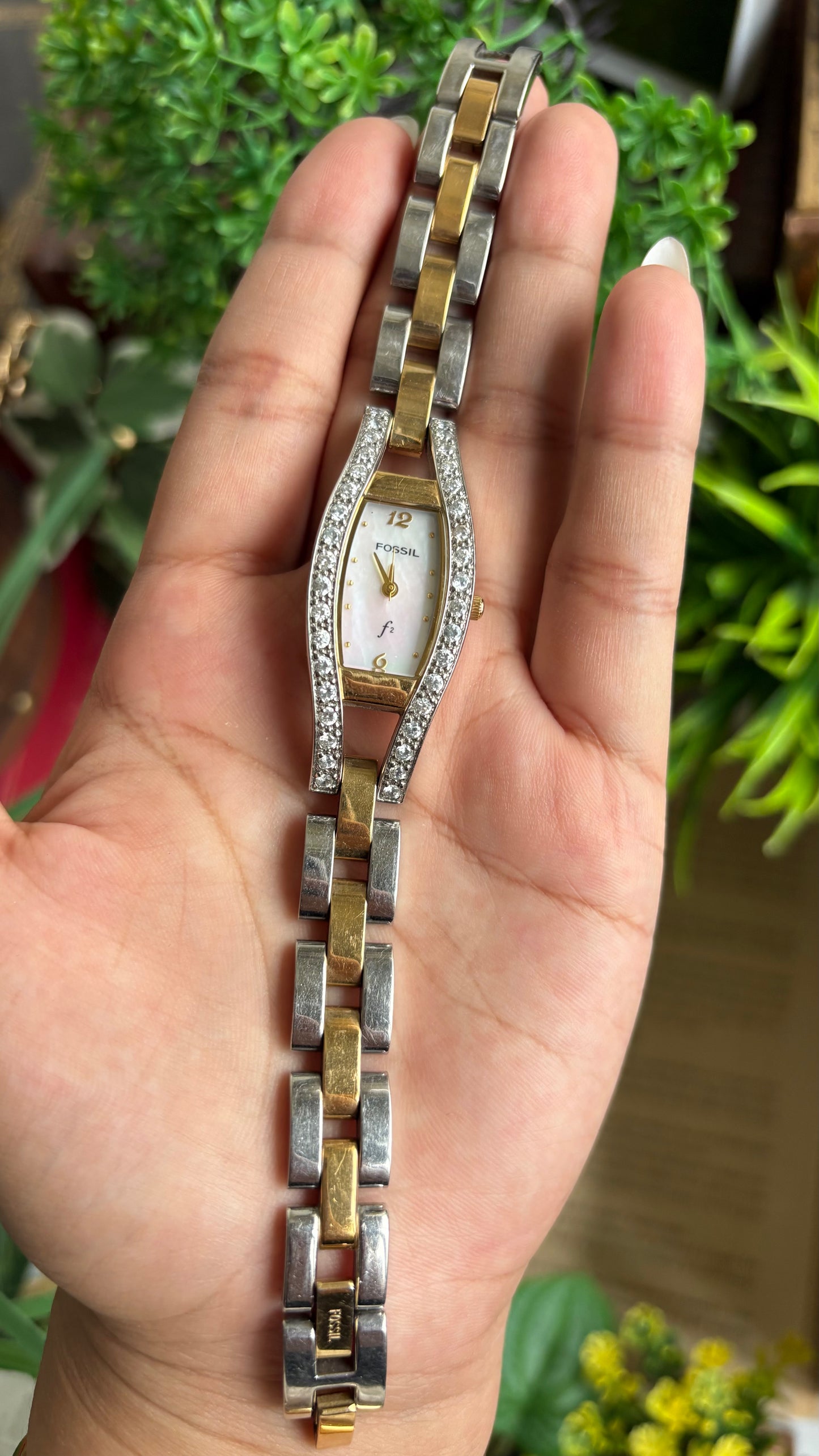 Vintage Fossil Bejeweled Watch in Two-Tone Pearl Dial