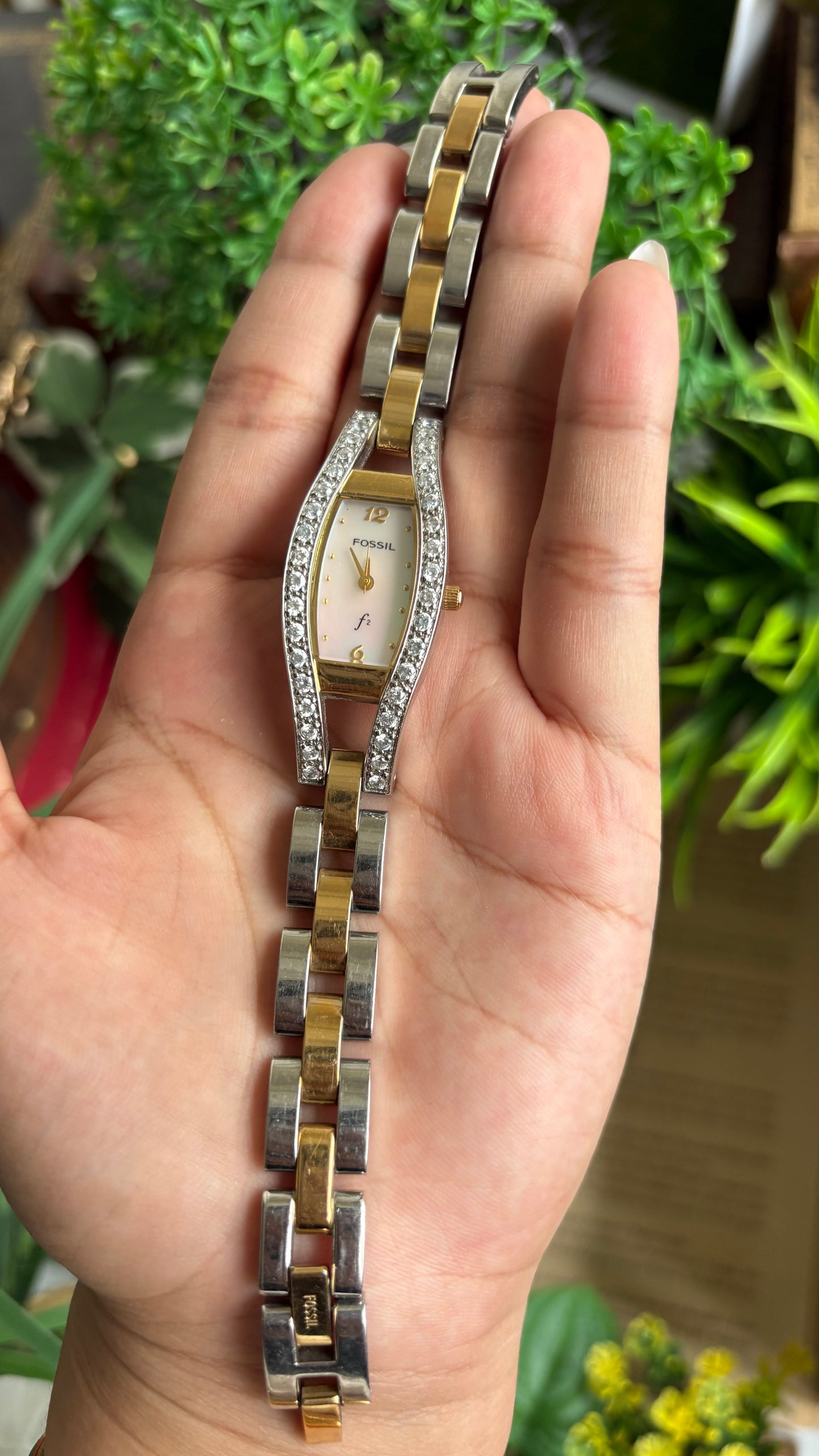 Vintage Fossil Bejeweled Watch in Two-Tone Pearl Dial