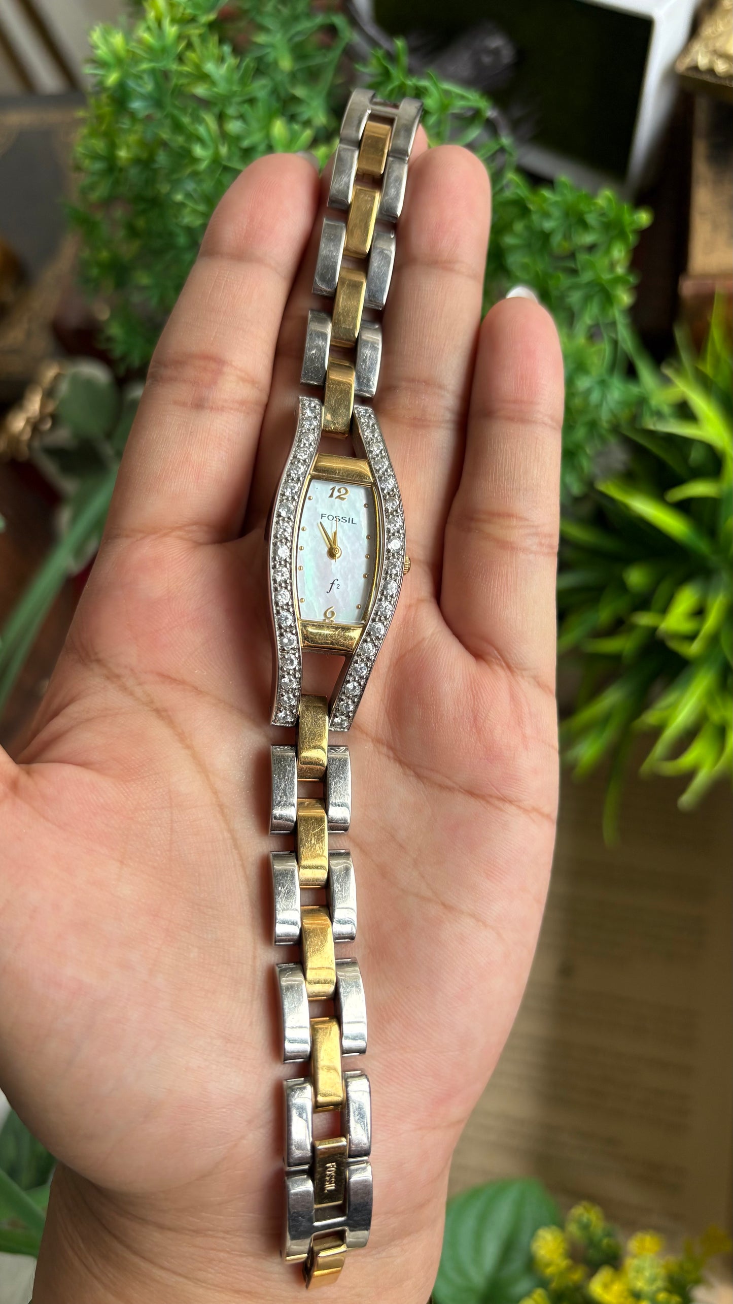 Vintage Fossil Bejeweled Watch in Two-Tone Pearl Dial