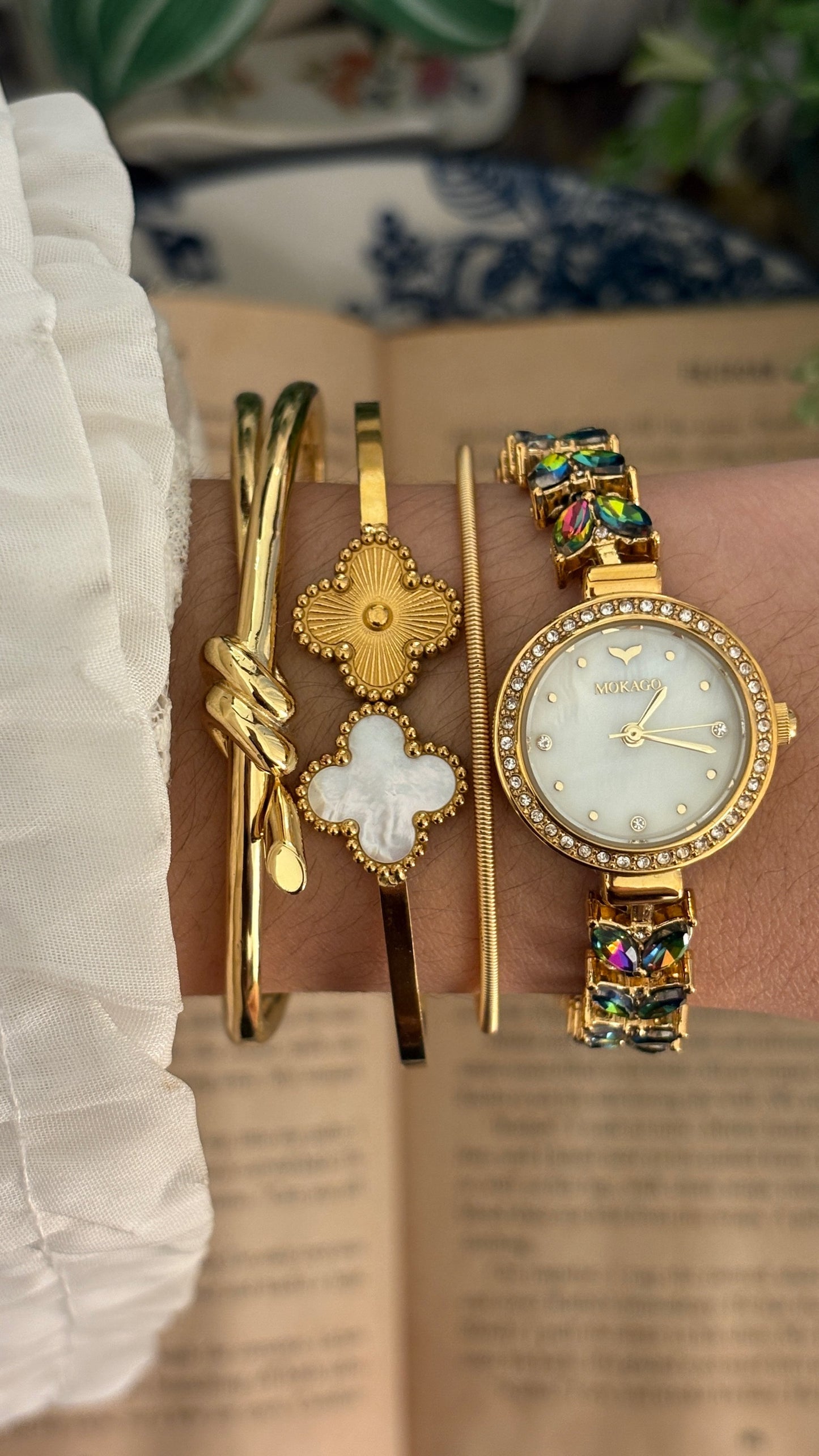 Vintage Mokago Rainbow Crystal Leaf Motif Bracelet Watch in Gold Tone Quartz