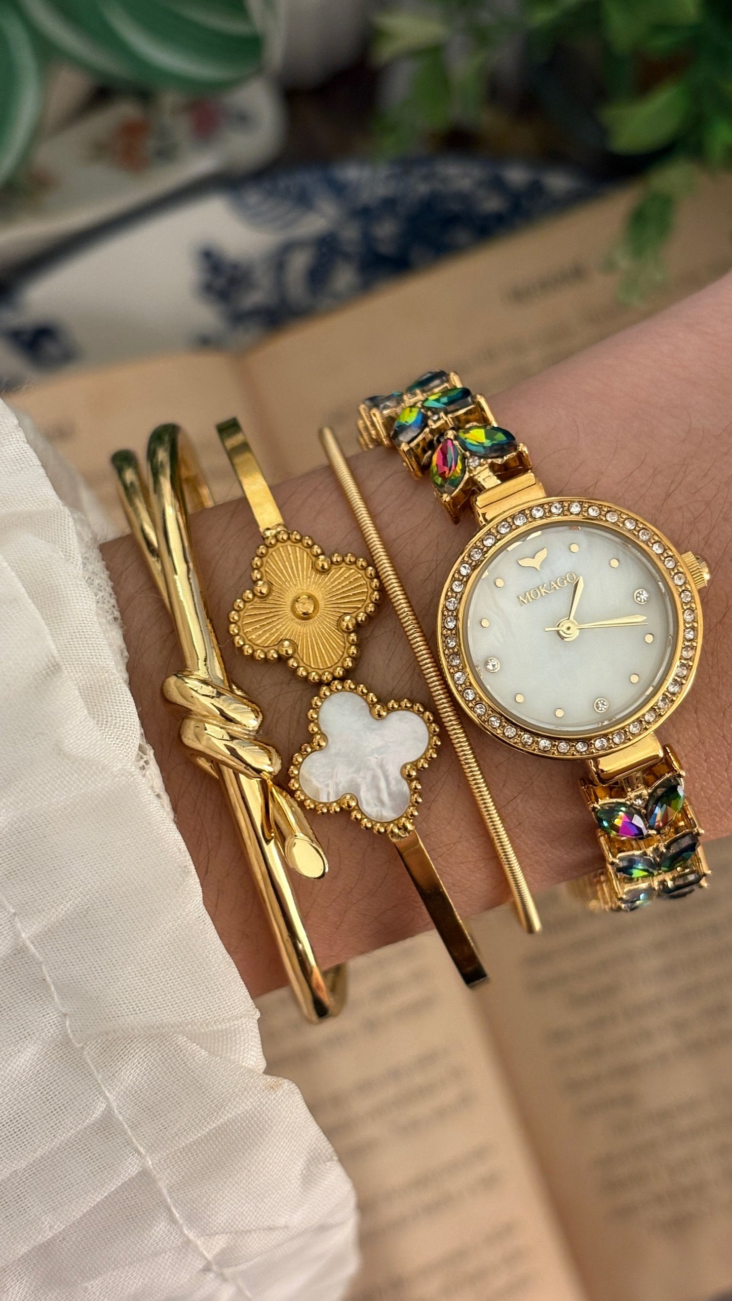 Vintage Mokago Rainbow Crystal Leaf Motif Bracelet Watch in Gold Tone Quartz