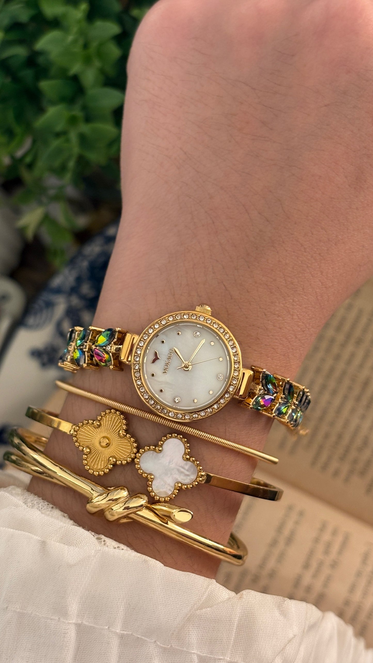 Vintage Mokago Rainbow Crystal Leaf Motif Bracelet Watch in Gold Tone Quartz
