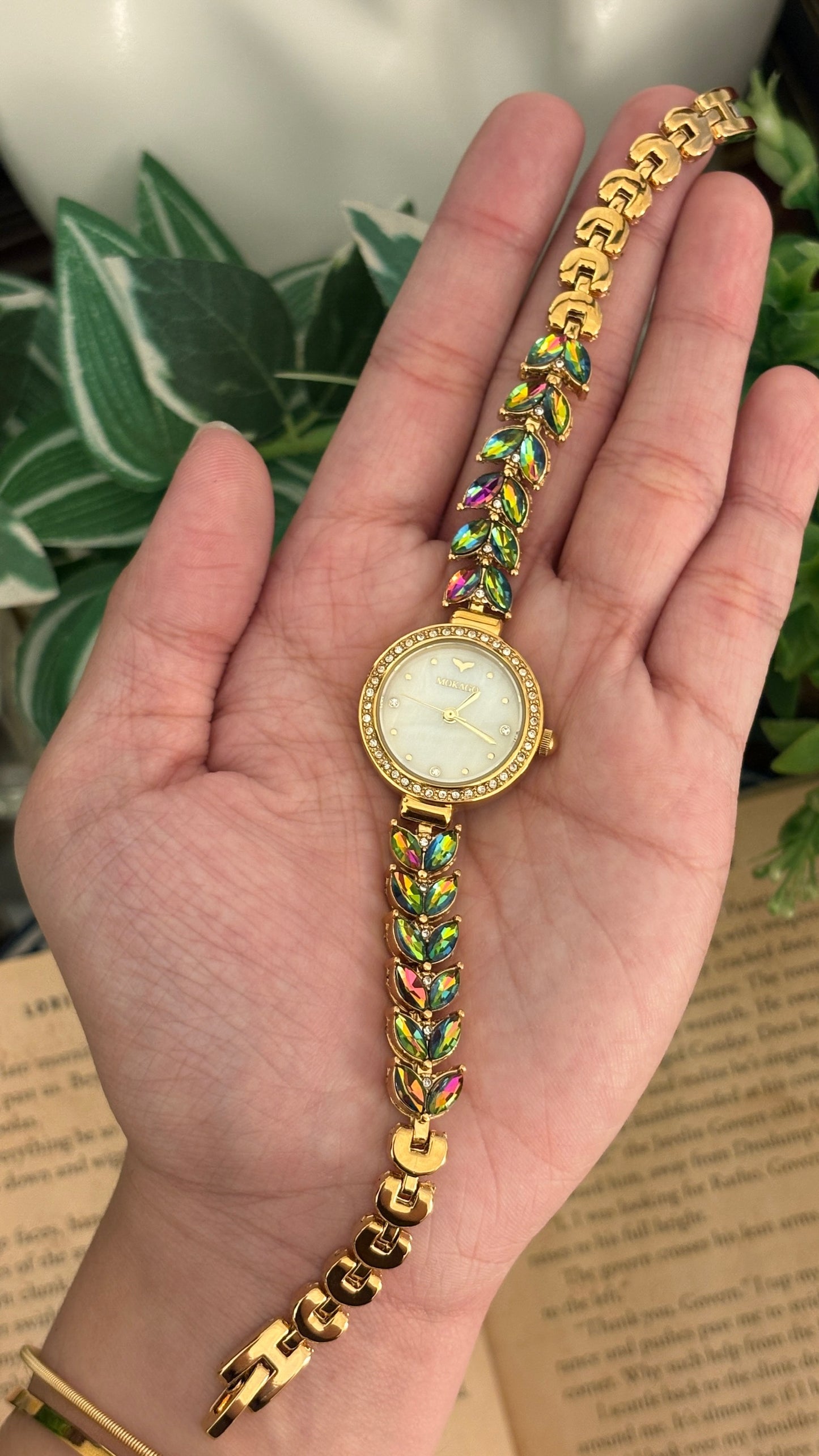 Vintage Mokago Rainbow Crystal Leaf Motif Bracelet Watch in Gold Tone Quartz