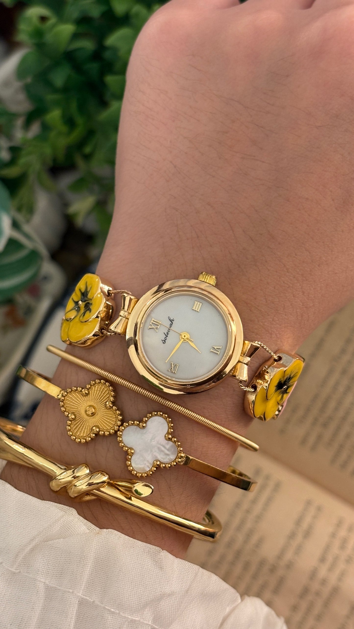 Vintage Solevrah Flower Bracelet Watch in Gold Tone Quartz