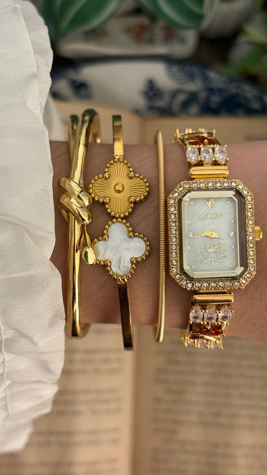 Vintage Mokago Mother of Pearl Dial Crystal Bracelet Watch in Gold Tone Quartz