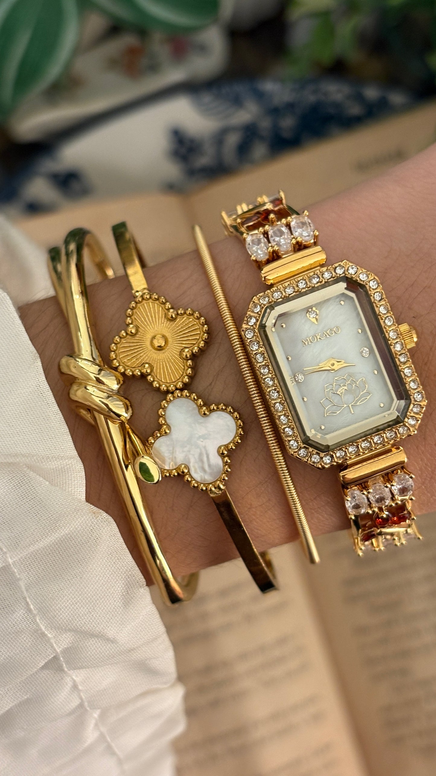 Vintage Mokago Mother of Pearl Dial Crystal Bracelet Watch in Gold Tone Quartz