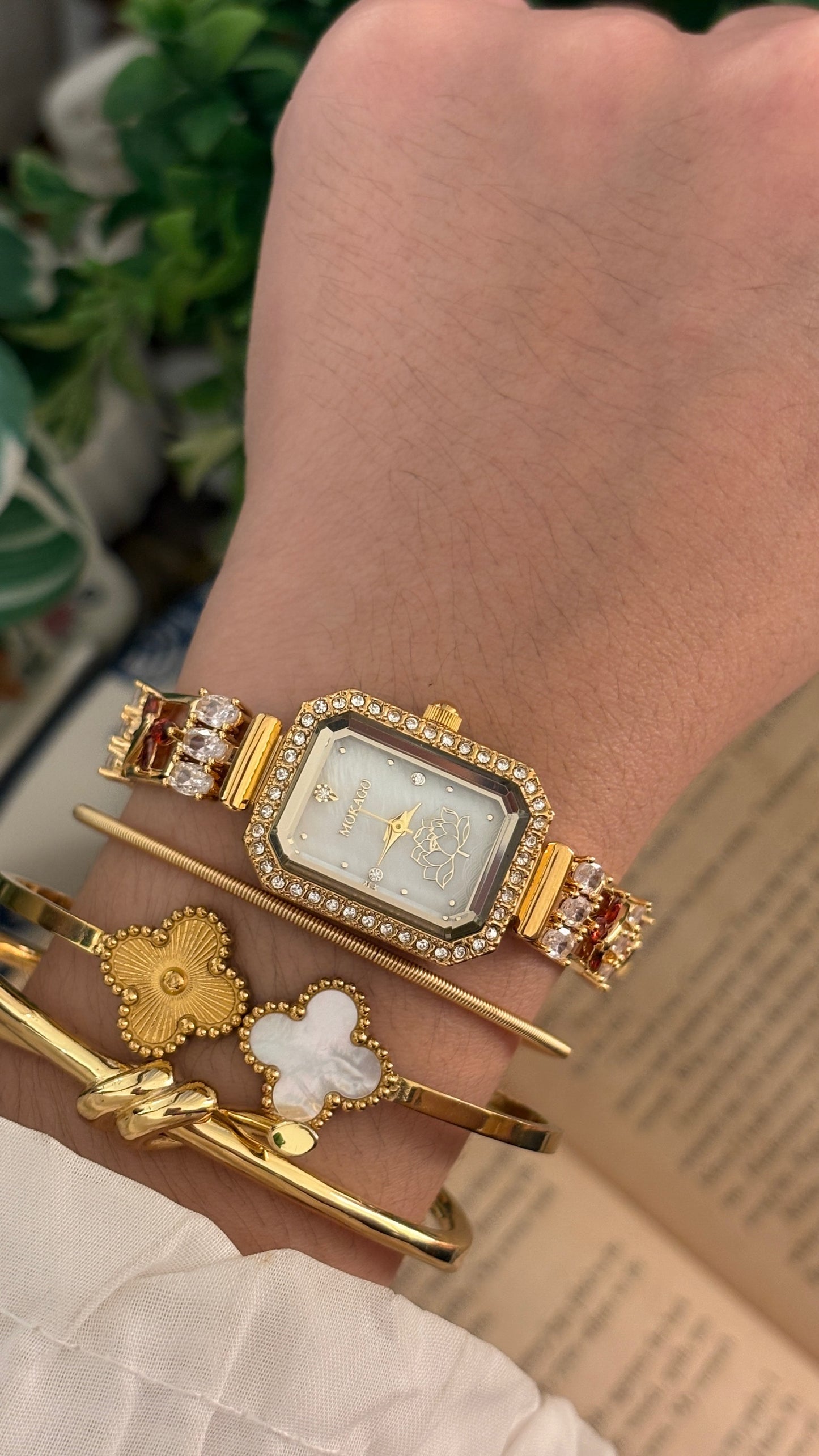 Vintage Mokago Mother of Pearl Dial Crystal Bracelet Watch in Gold Tone Quartz