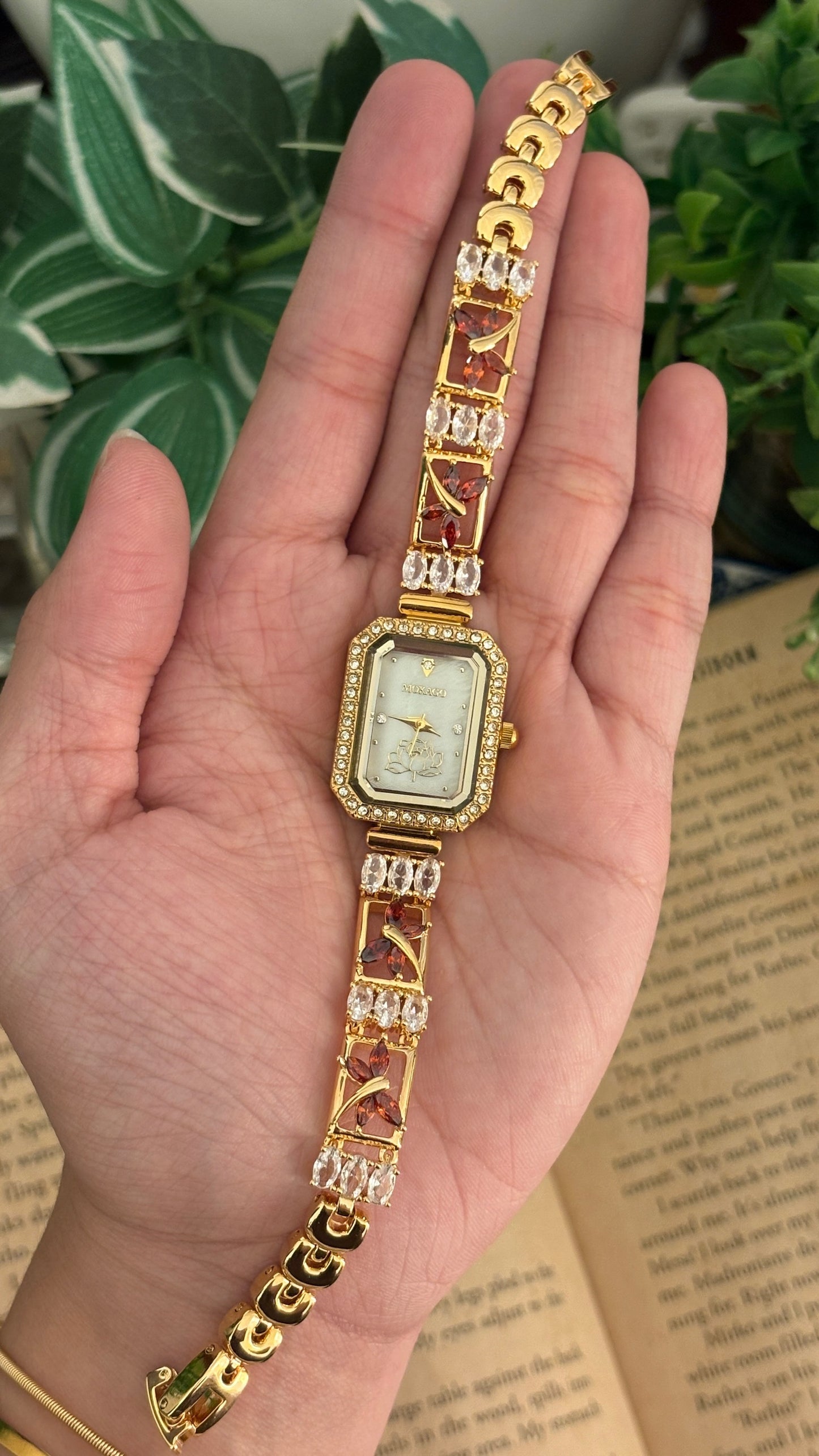 Vintage Mokago Mother of Pearl Dial Crystal Bracelet Watch in Gold Tone Quartz