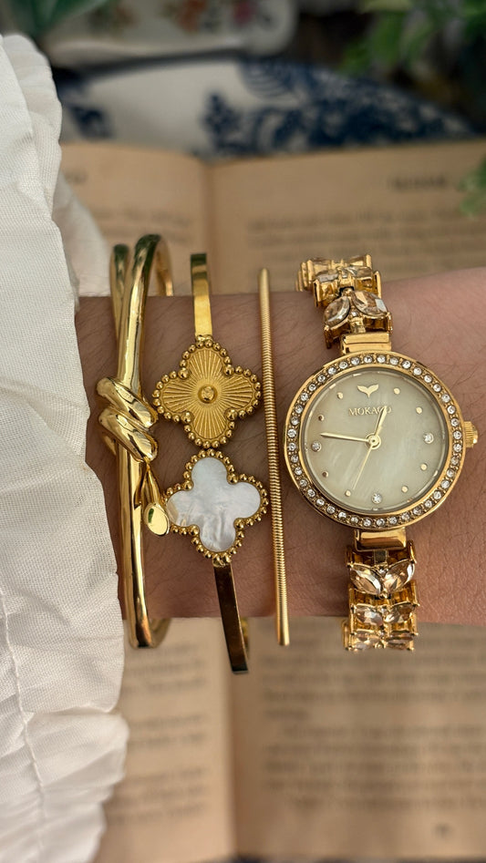 Vintage Mokago Mother of Pearl Dial Crystal Leaf Motif Bracelet Watch in Gold Tone Quartz