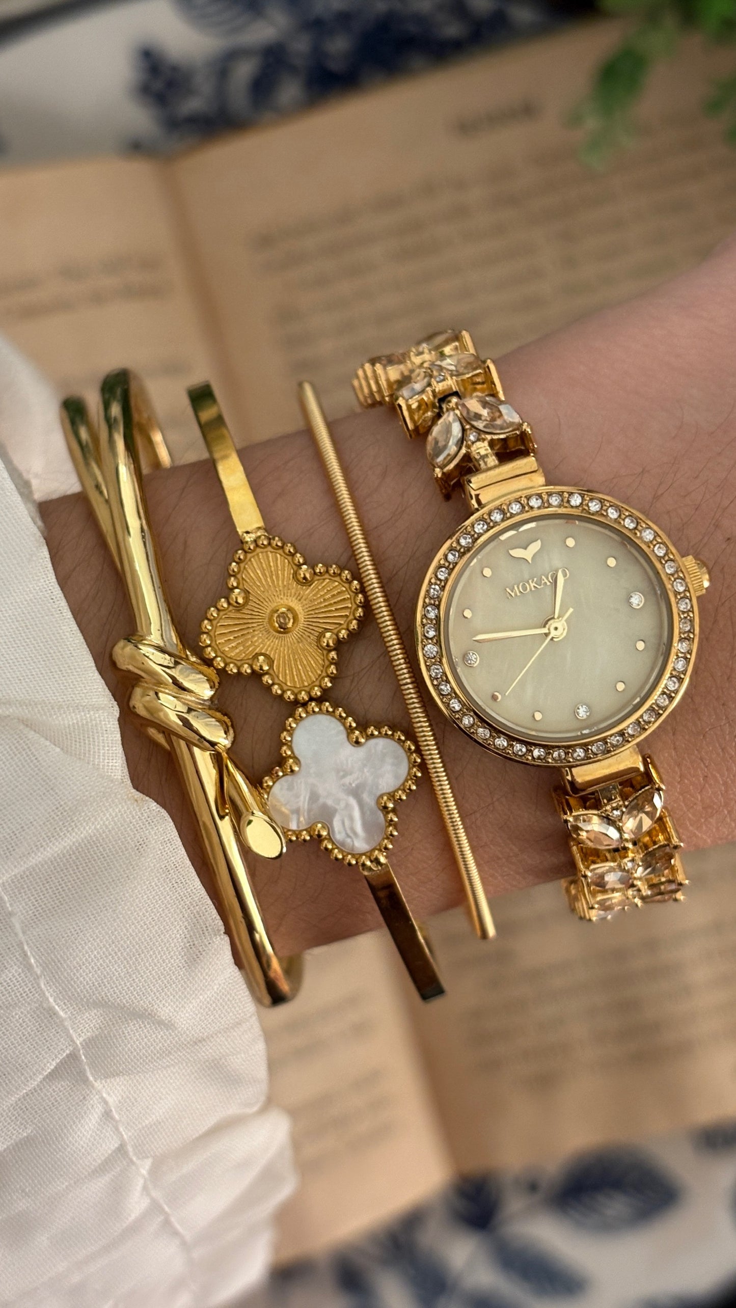 Vintage Mokago Mother of Pearl Dial Crystal Leaf Motif Bracelet Watch in Gold Tone Quartz