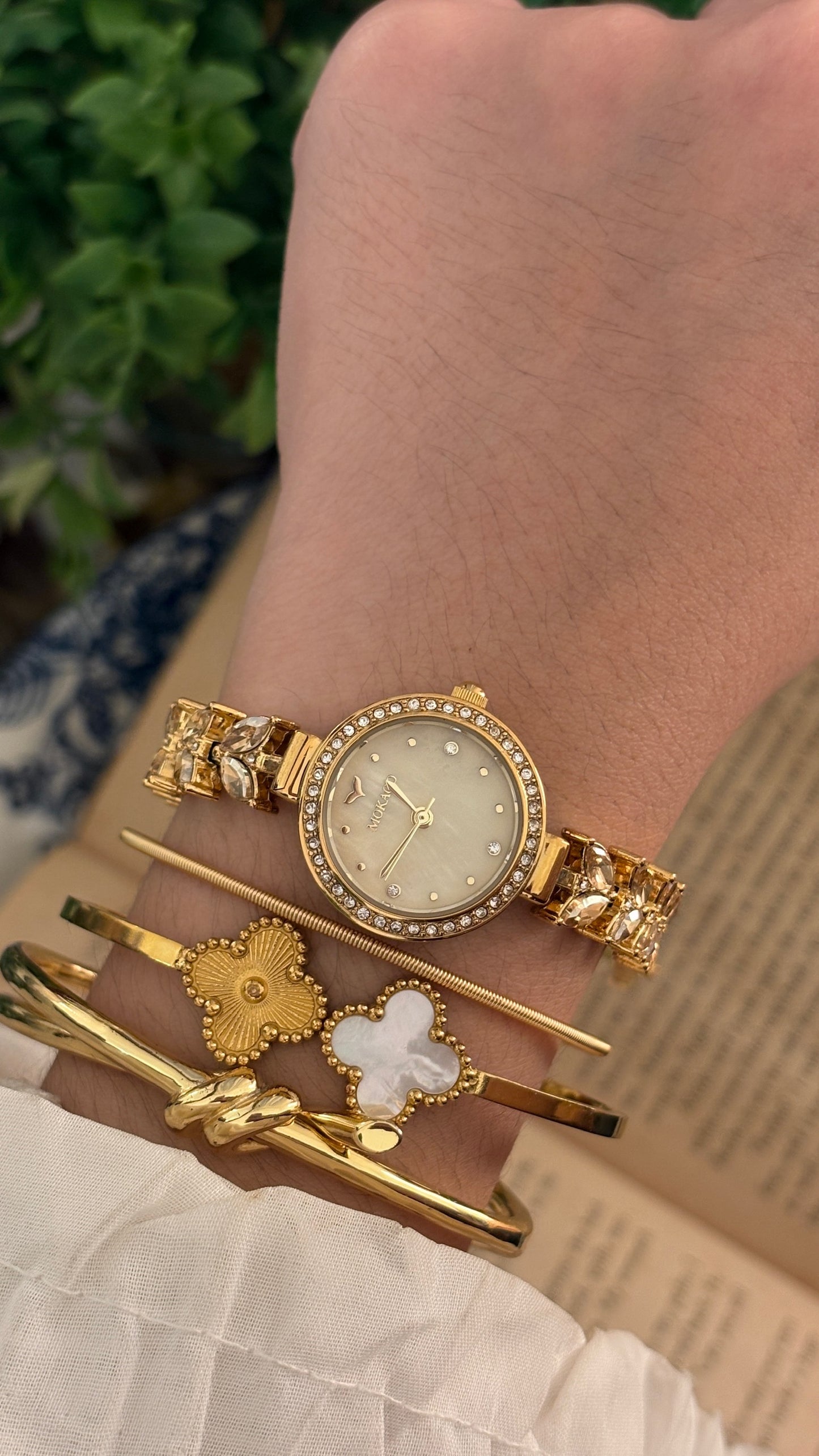 Vintage Mokago Mother of Pearl Dial Crystal Leaf Motif Bracelet Watch in Gold Tone Quartz