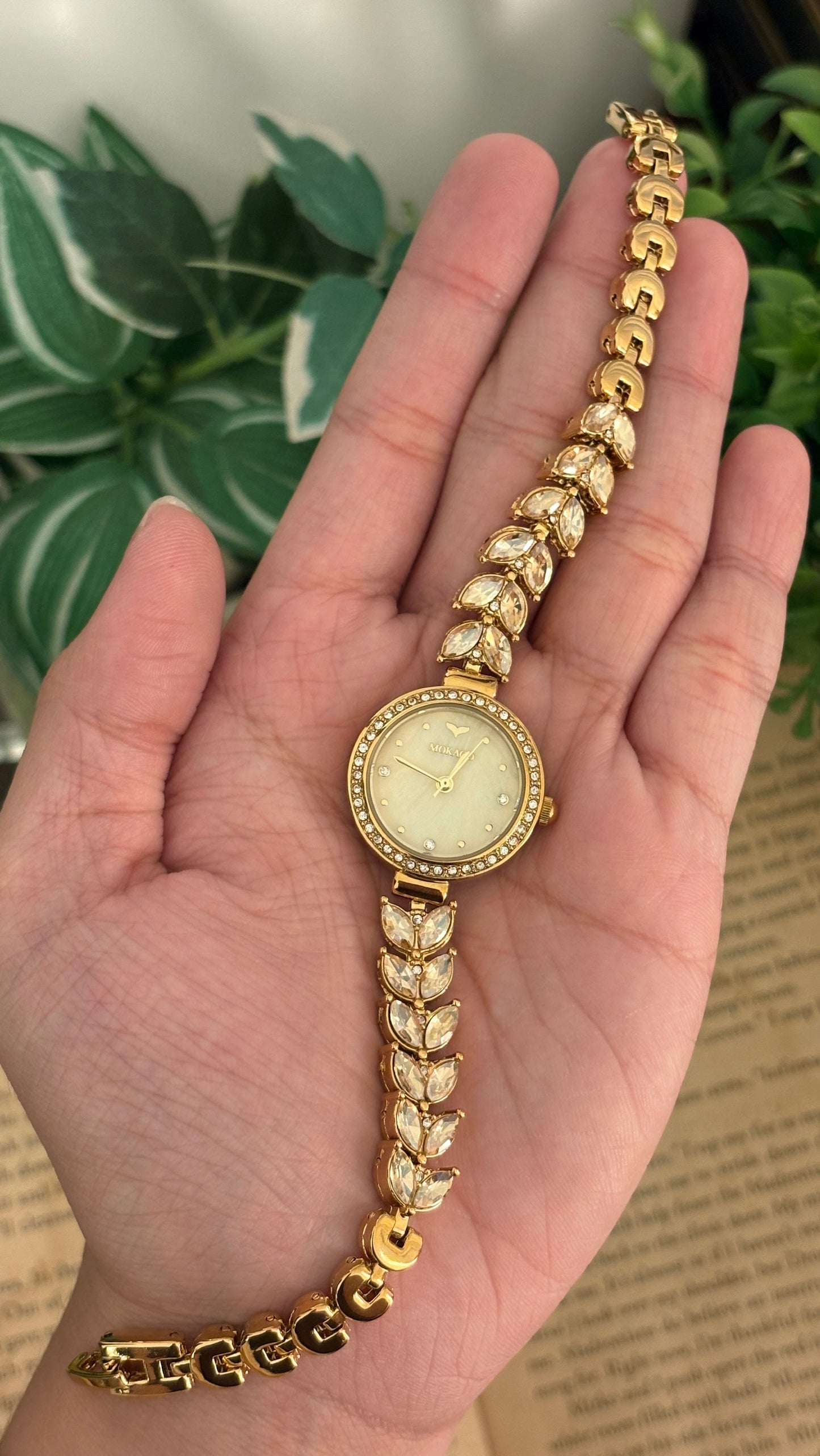 Vintage Mokago Mother of Pearl Dial Crystal Leaf Motif Bracelet Watch in Gold Tone Quartz