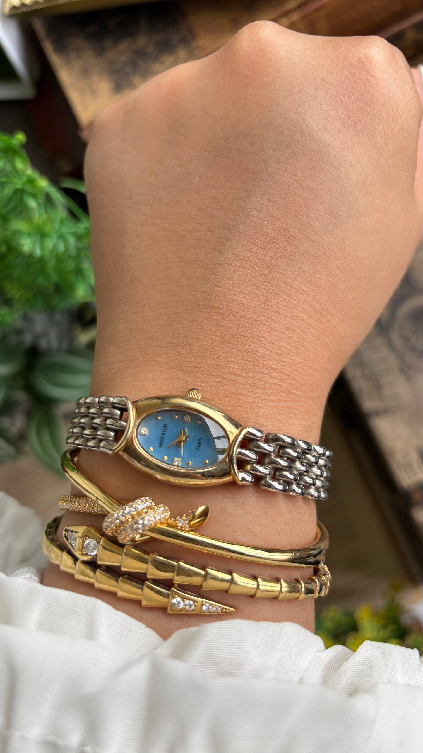 Vintage Mon Rich Paris Watch in Two-Tone Blue Oval Dial