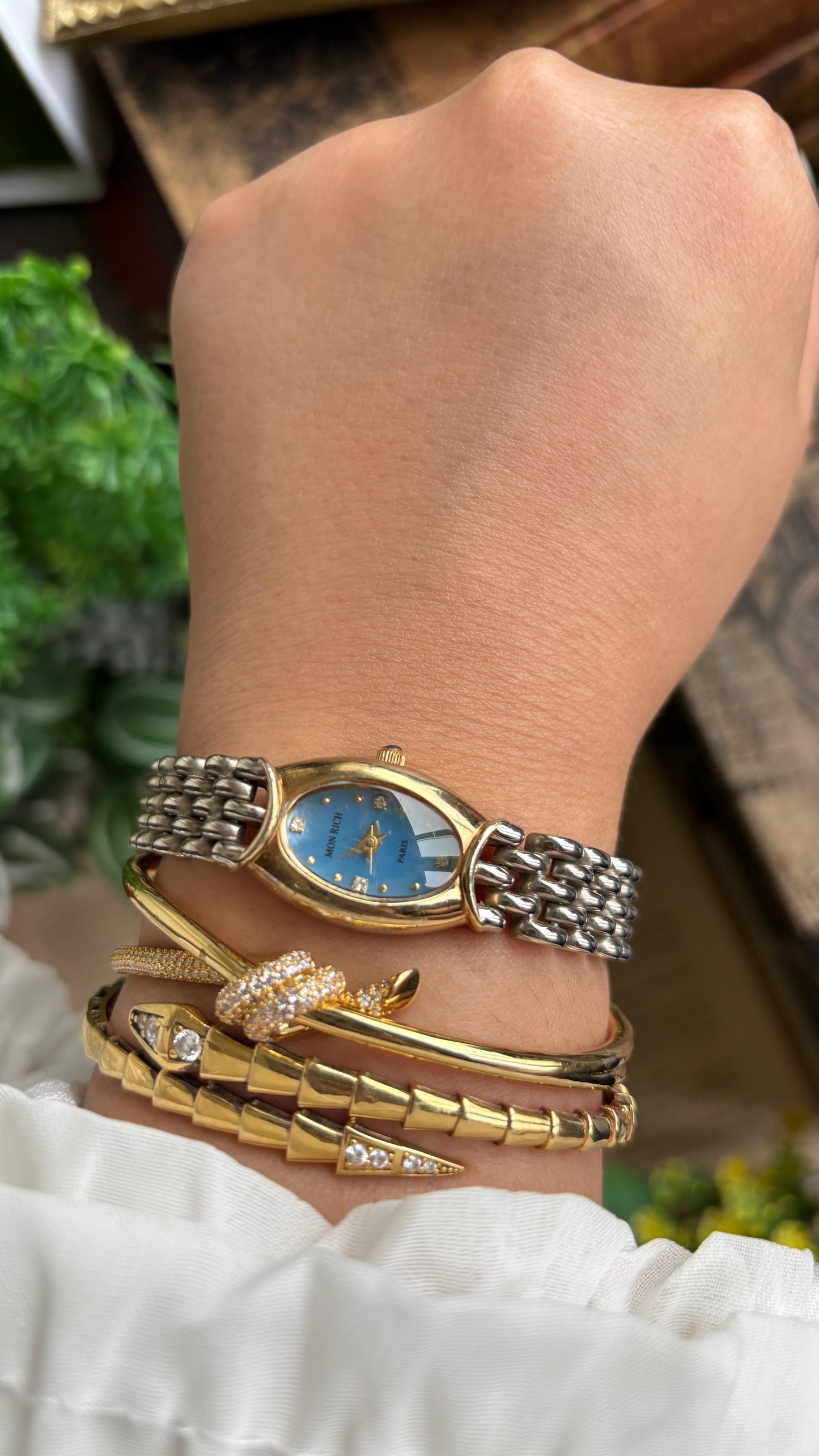 Vintage Mon Rich Paris Watch in Two-Tone Blue Oval Dial