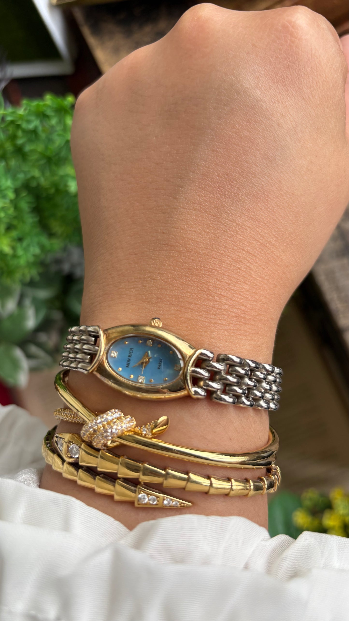 Vintage Mon Rich Paris Watch in Two-Tone Blue Oval Dial