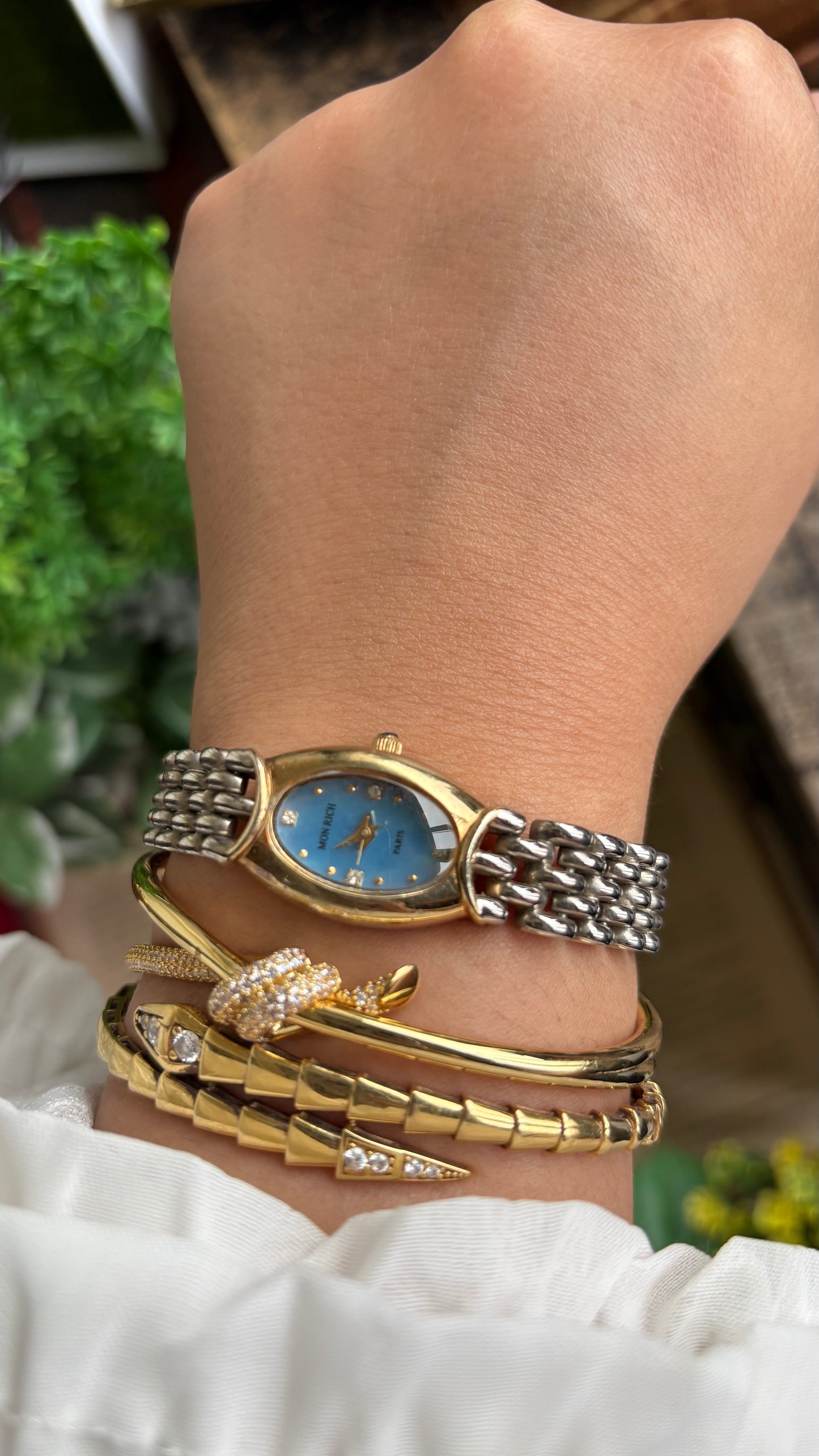 Vintage Mon Rich Paris Watch in Two-Tone Blue Oval Dial