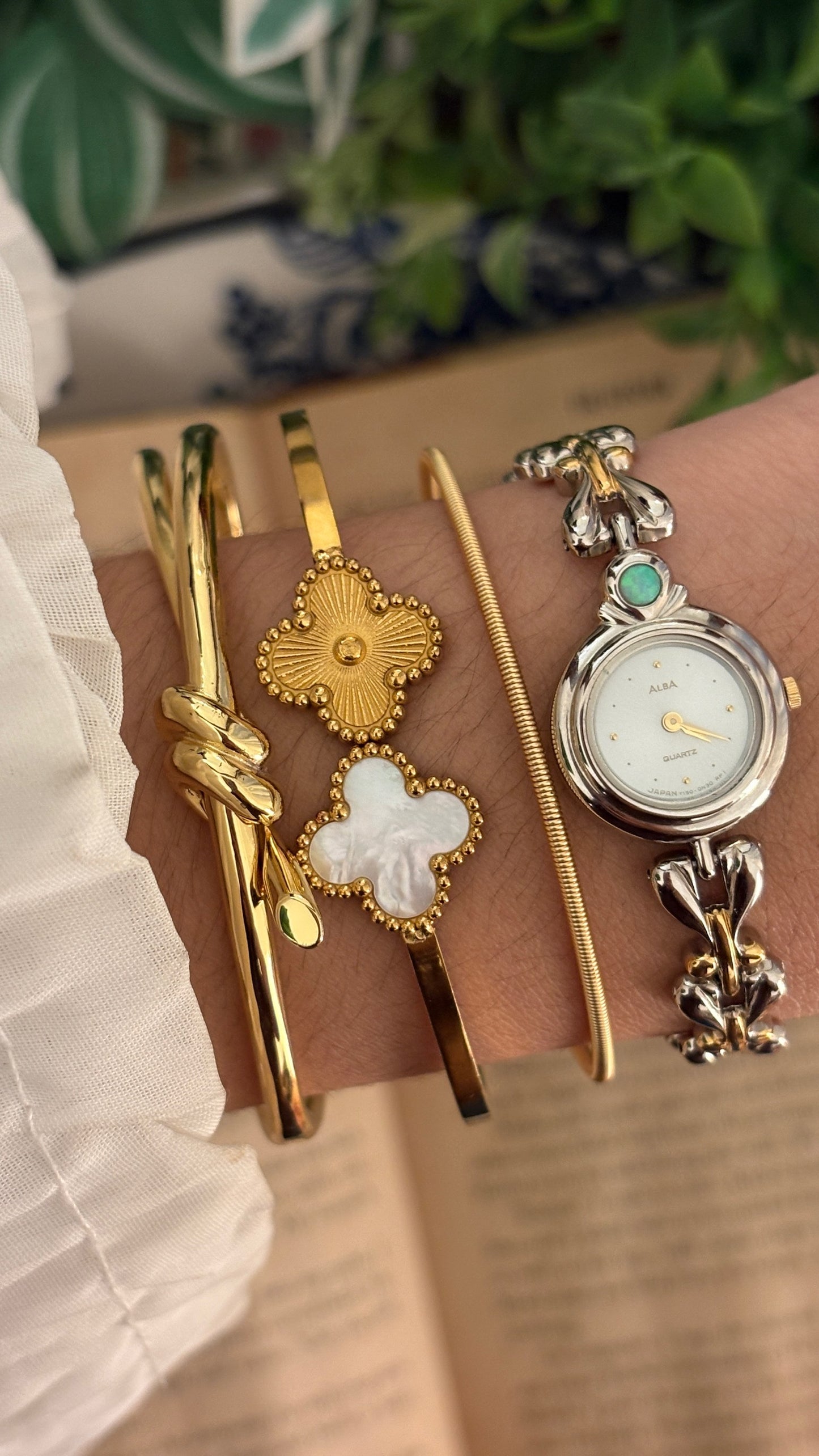 Rare Dainty Vintage Alba by Seiko Opal Accent Watch Bracelet in Two-Tone Quartz