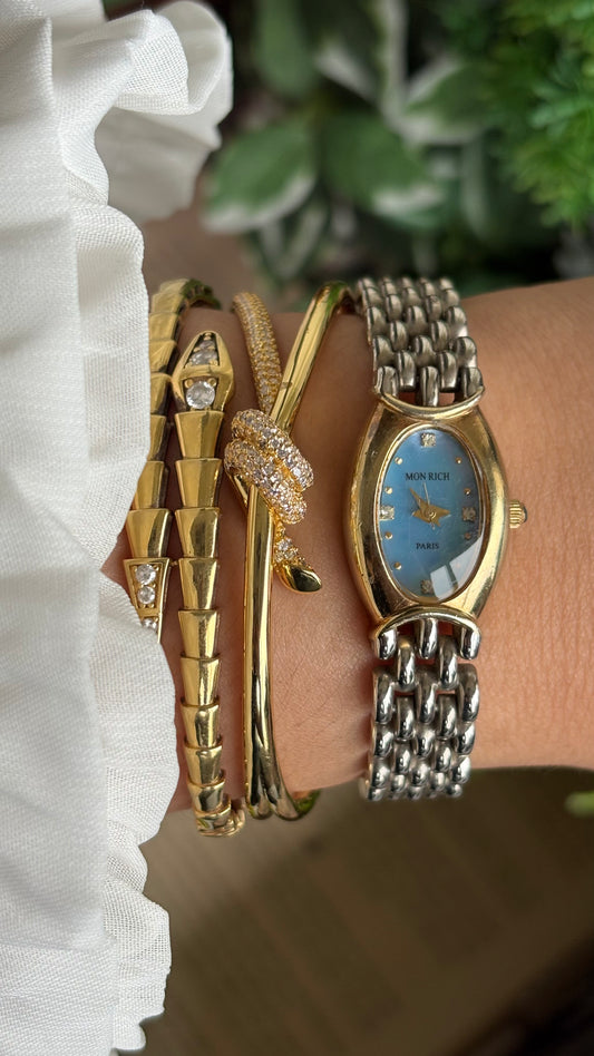 Vintage Mon Rich Paris Watch in Two-Tone Blue Oval Dial