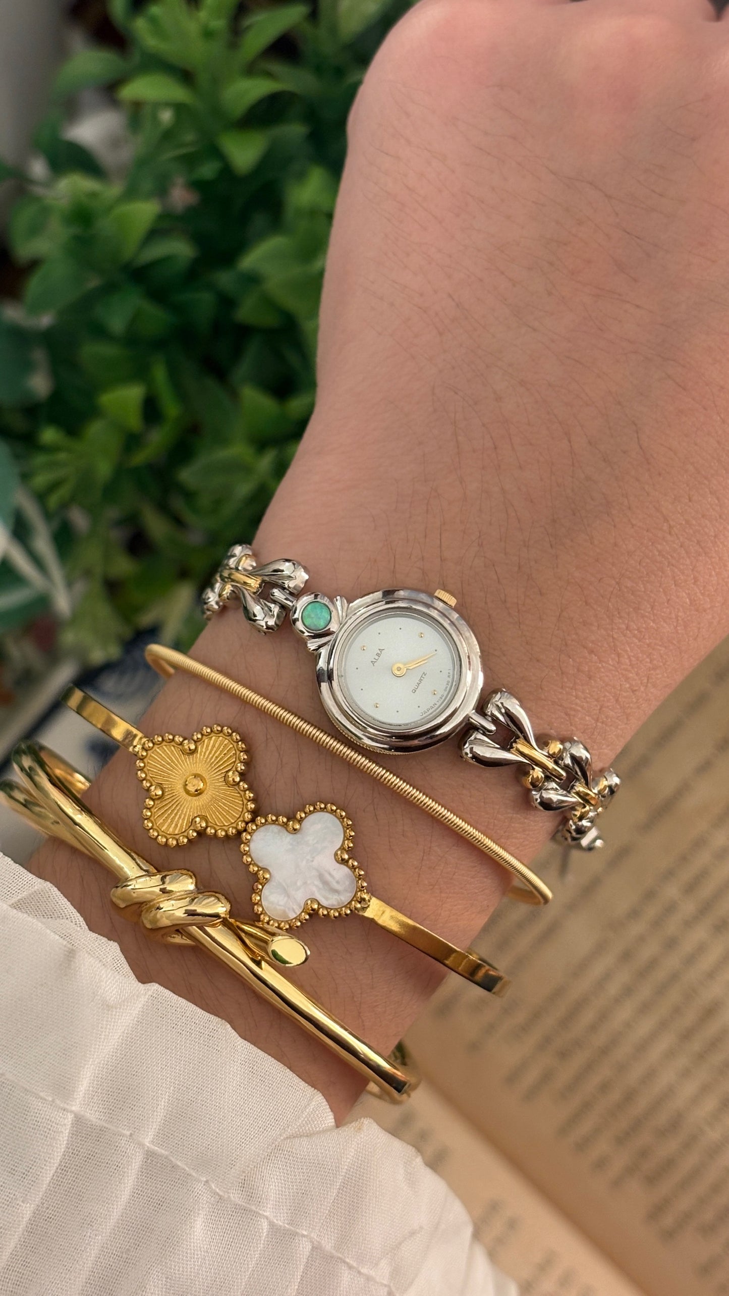 Rare Dainty Vintage Alba by Seiko Opal Accent Watch Bracelet in Two-Tone Quartz
