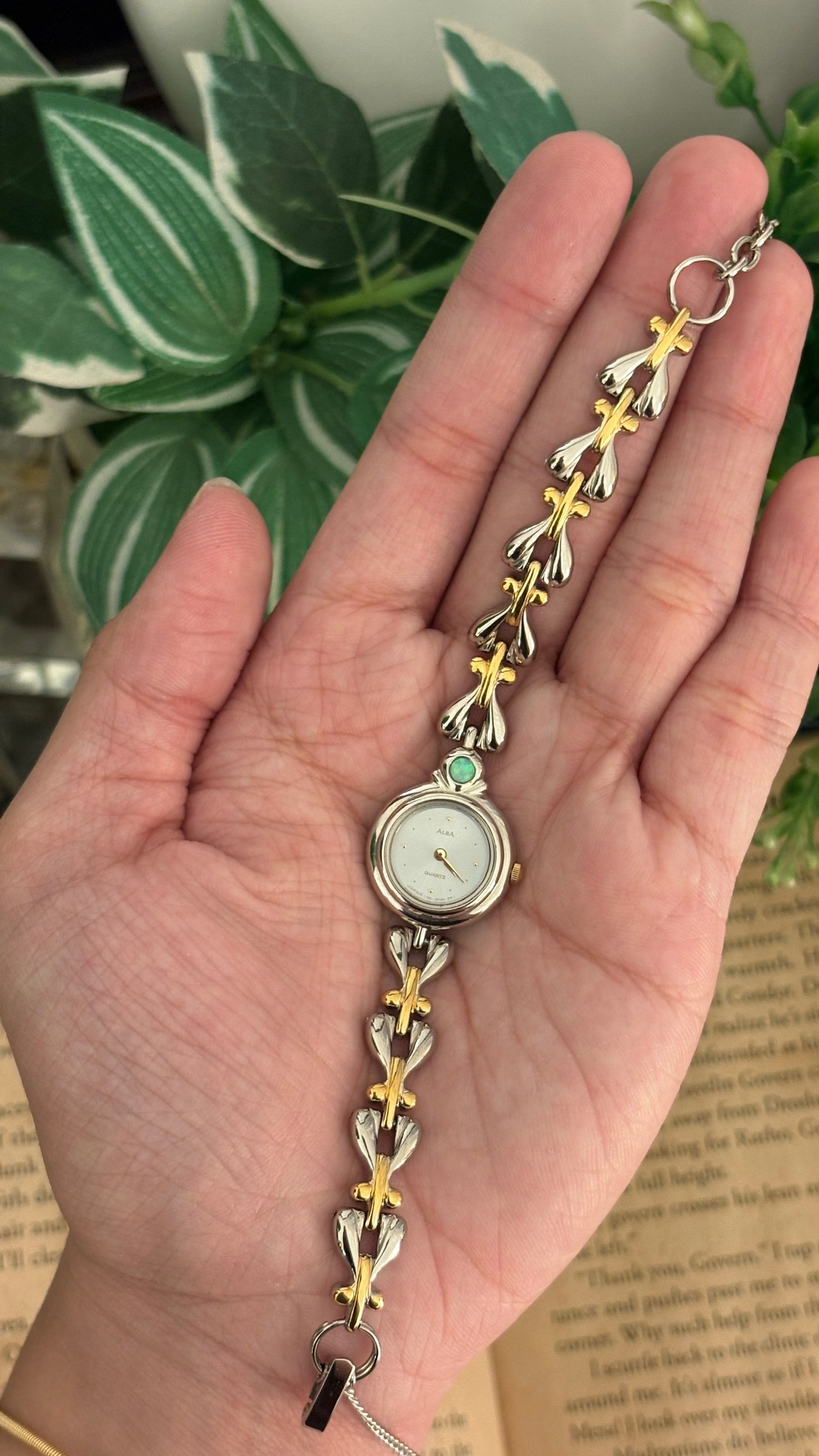 Rare Dainty Vintage Alba by Seiko Opal Accent Watch Bracelet in Two-Tone Quartz