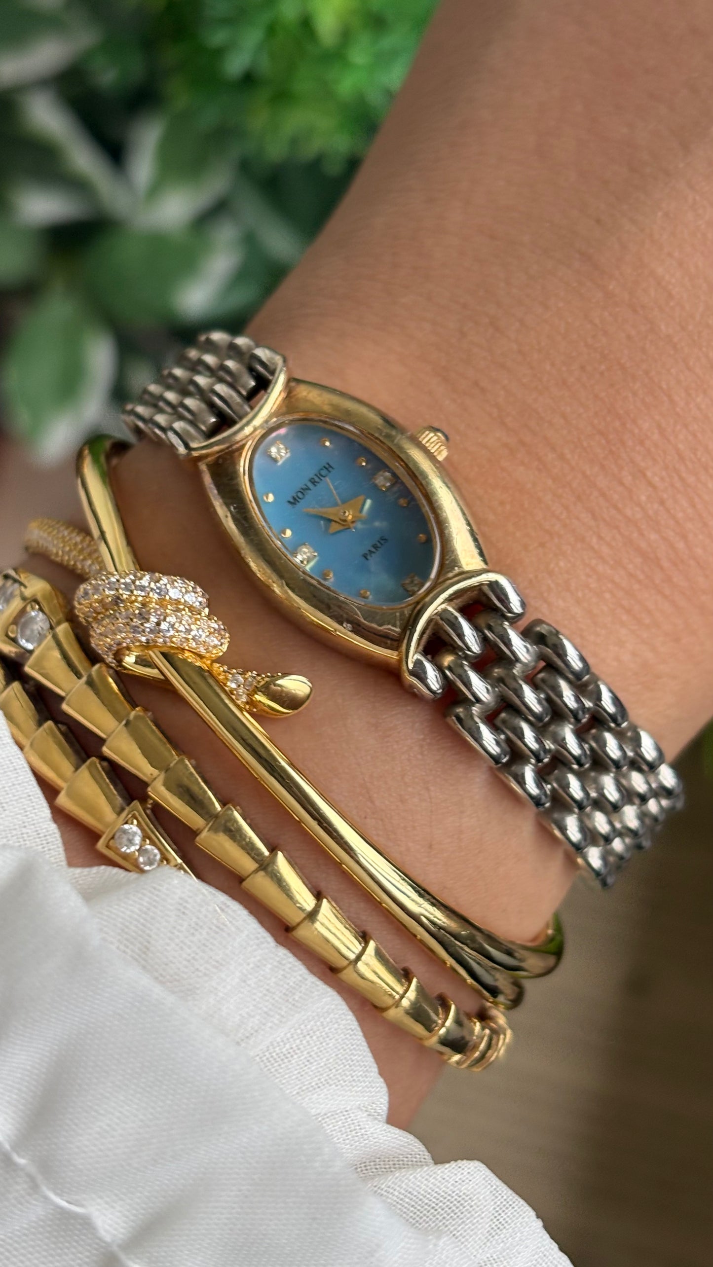 Vintage Mon Rich Paris Watch in Two-Tone Blue Oval Dial
