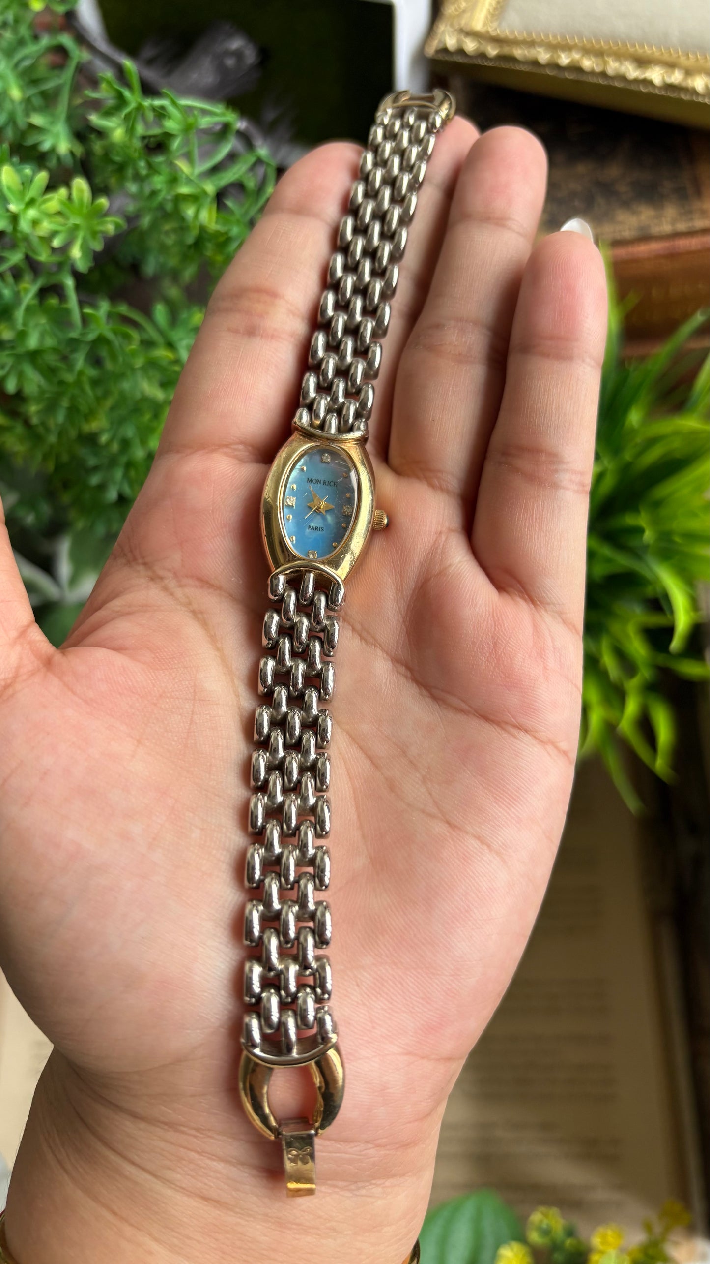 Vintage Mon Rich Paris Watch in Two-Tone Blue Oval Dial