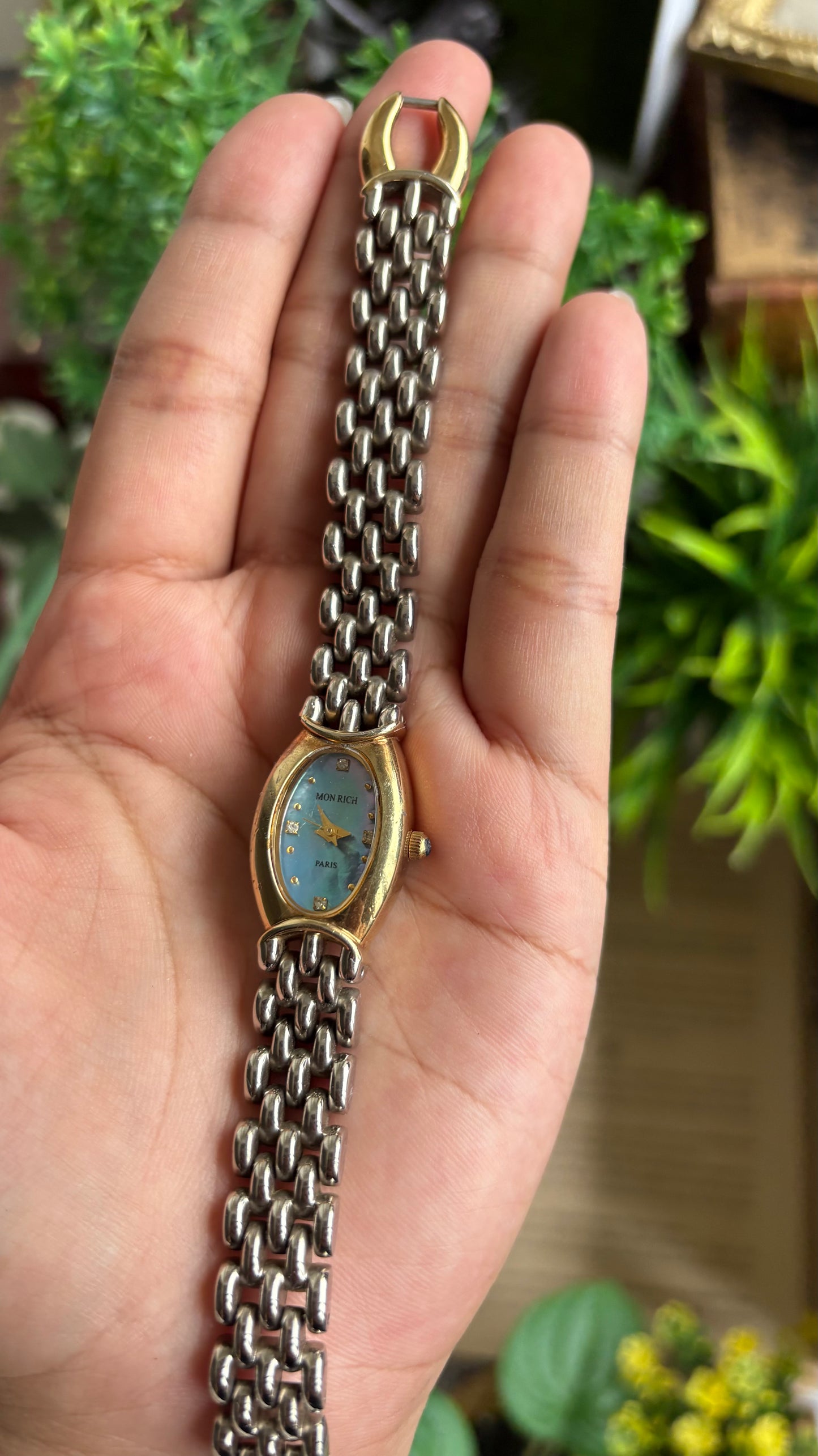Vintage Mon Rich Paris Watch in Two-Tone Blue Oval Dial