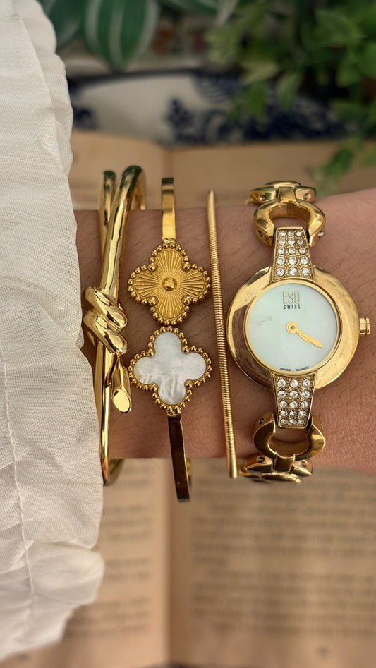 Rare Vintage ESQ Movado Swiss Mother of Pearl Dial Bejeweled Circle Bracelet Watch in Gold Tone Quartz