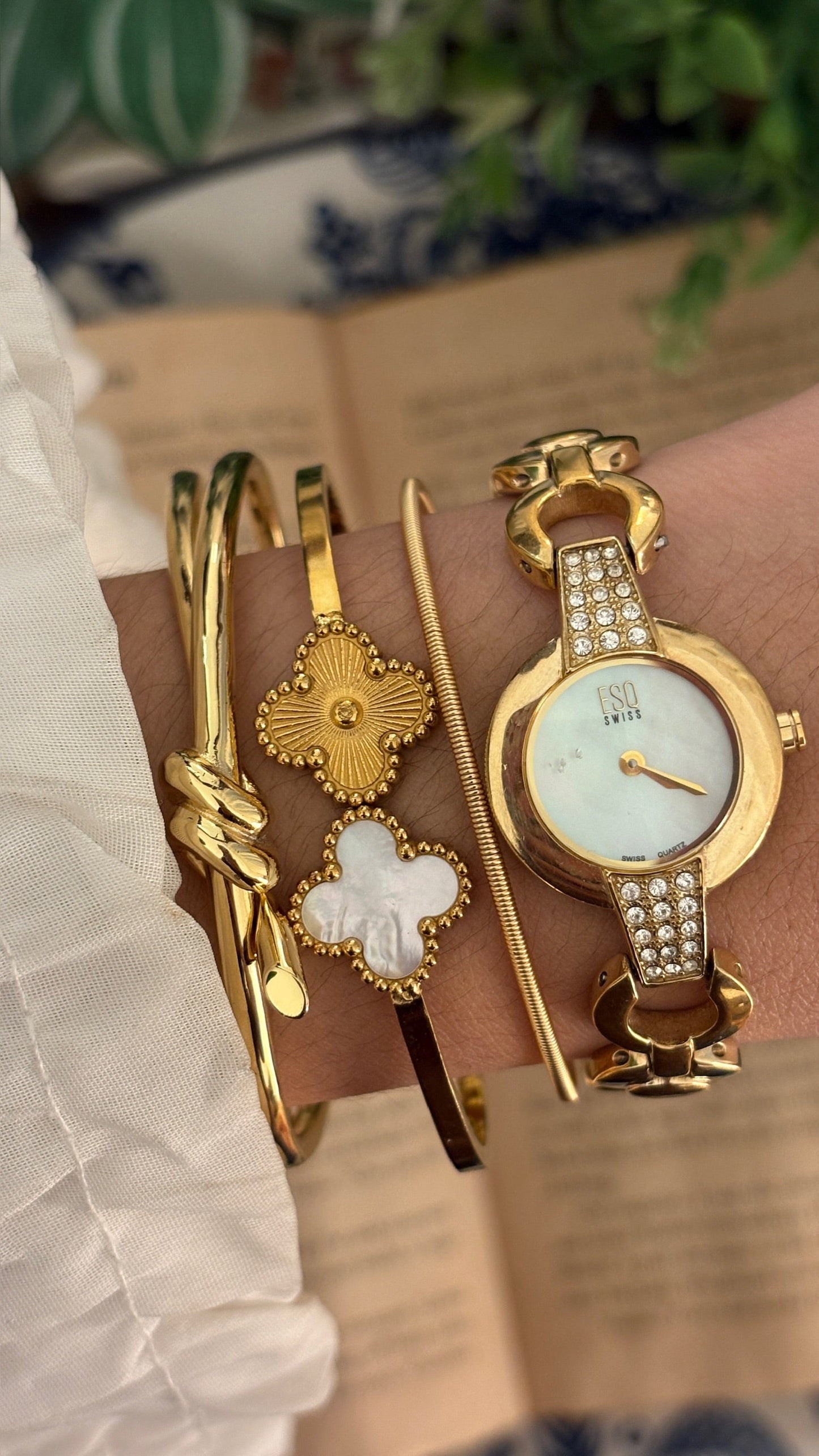 Rare Vintage ESQ Movado Swiss Mother of Pearl Dial Bejeweled Circle Bracelet Watch in Gold Tone Quartz