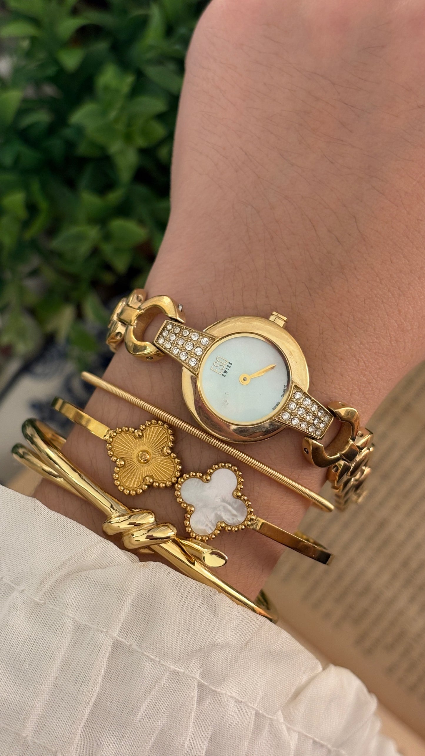 Rare Vintage ESQ Movado Swiss Mother of Pearl Dial Bejeweled Circle Bracelet Watch in Gold Tone Quartz