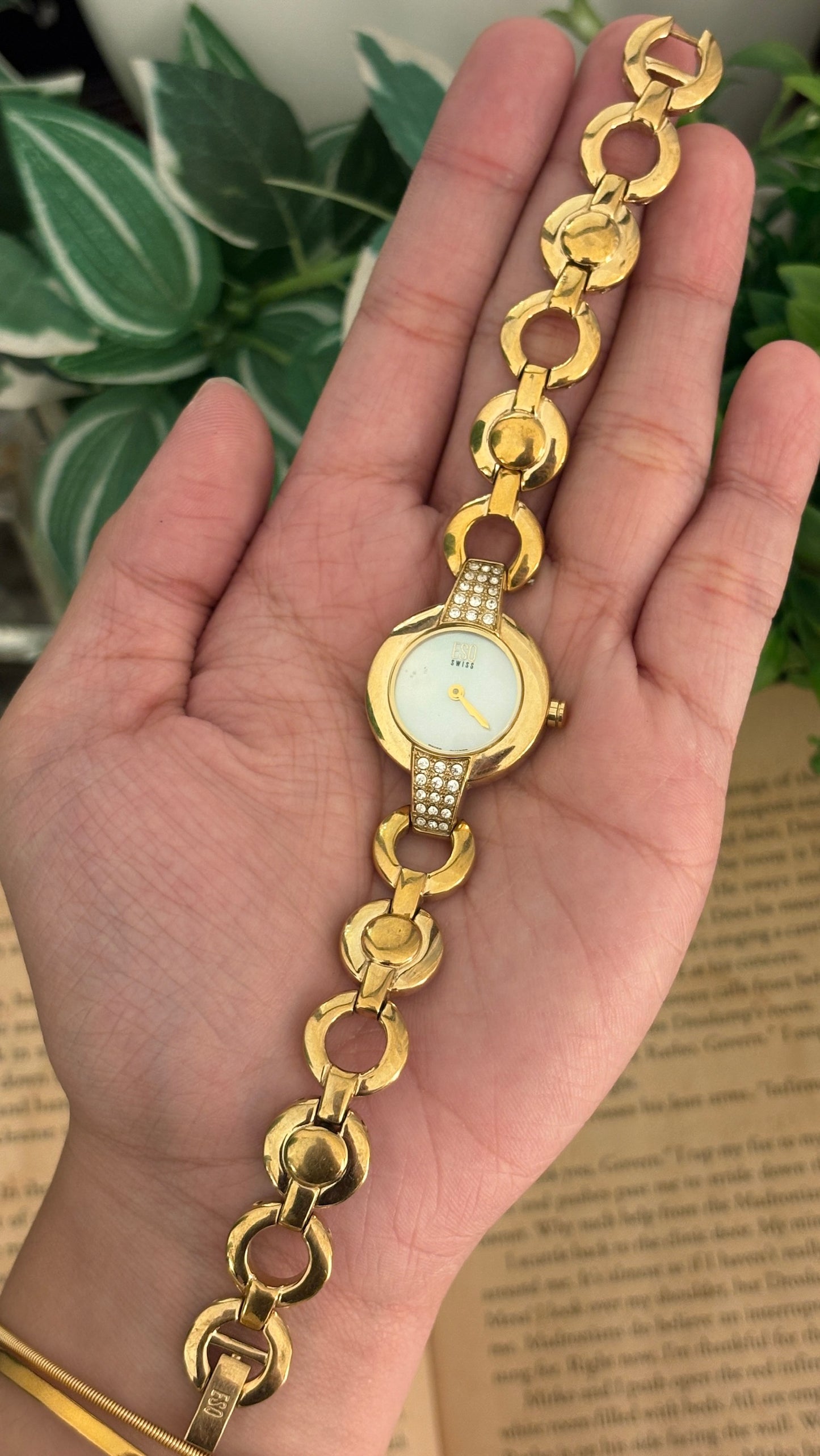 Rare Vintage ESQ Movado Swiss Mother of Pearl Dial Bejeweled Circle Bracelet Watch in Gold Tone Quartz
