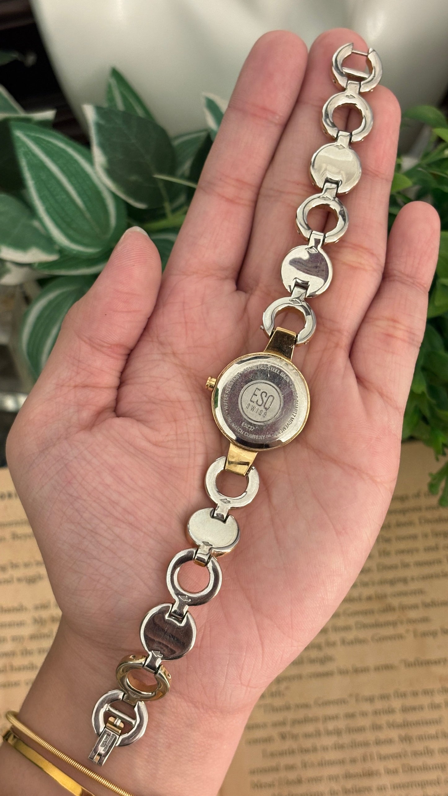 Rare Vintage ESQ Movado Swiss Mother of Pearl Dial Bejeweled Circle Bracelet Watch in Gold Tone Quartz
