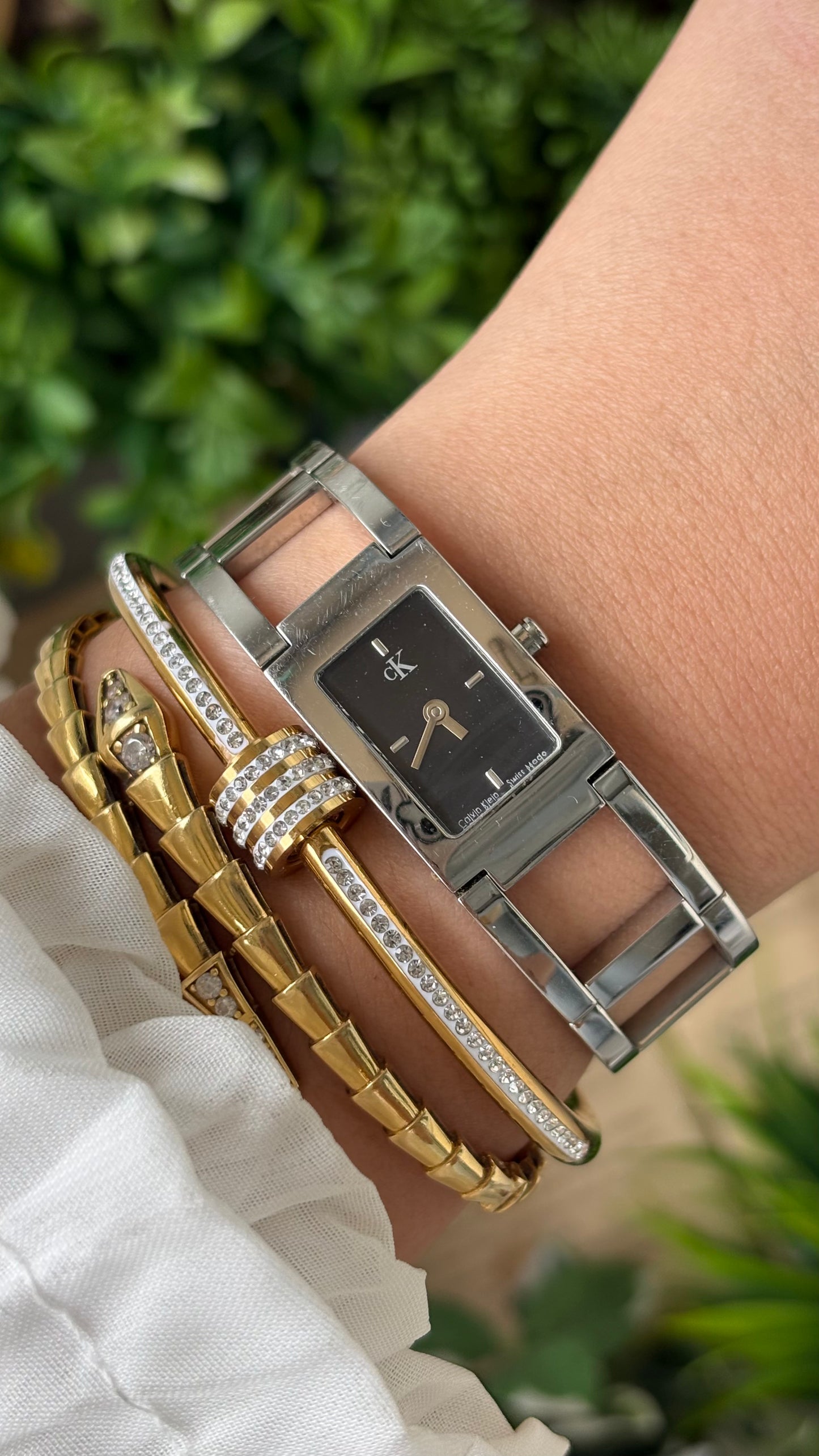 Vintage Calvin Klein Swiss Structured Chain Tank Watch in Silver Tone Quartz #00264