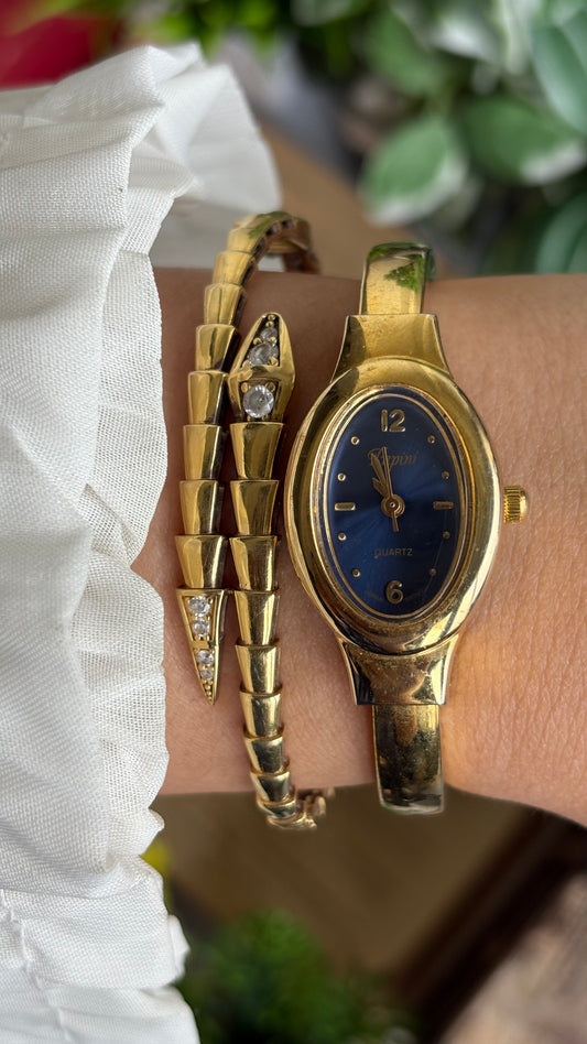 Vintage Papini Bangle Watch in Gold Tone Blue Dial