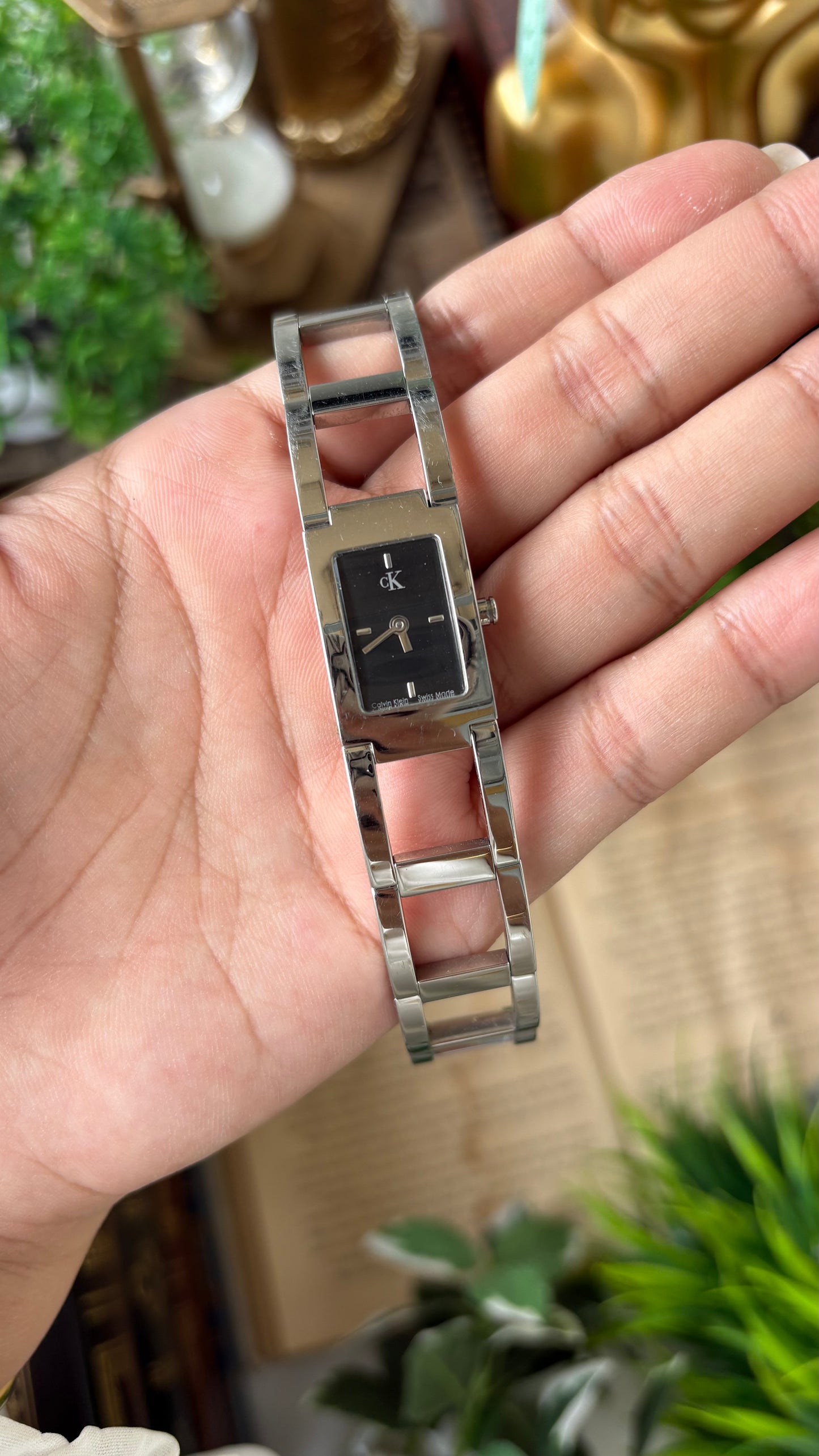 Vintage Calvin Klein Swiss Structured Chain Tank Watch in Silver Tone Quartz #00264