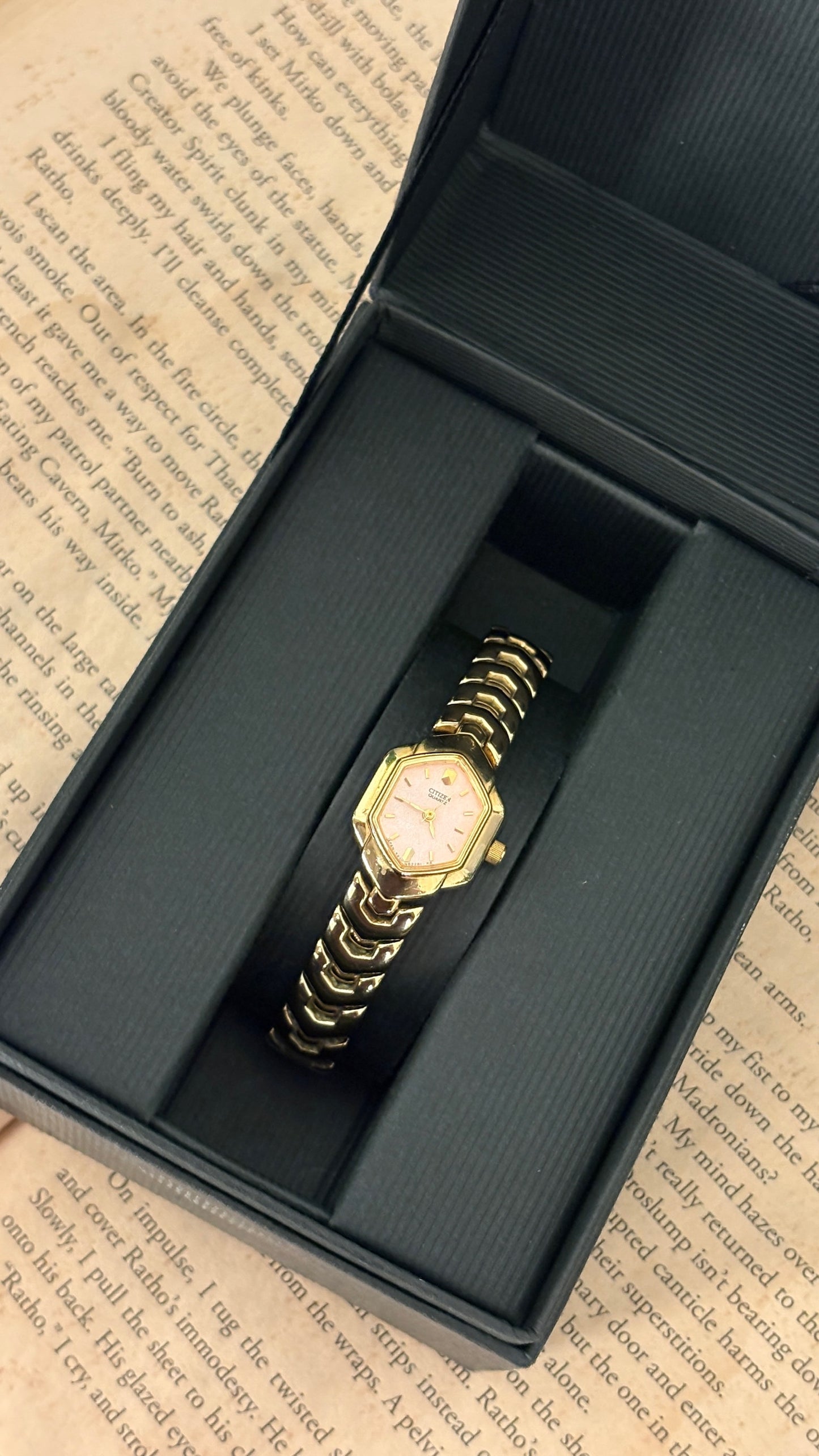 Rare Vintage Citizen Dutch Marquise Dial Bracelet Watch in Gold Tone Quartz with Box