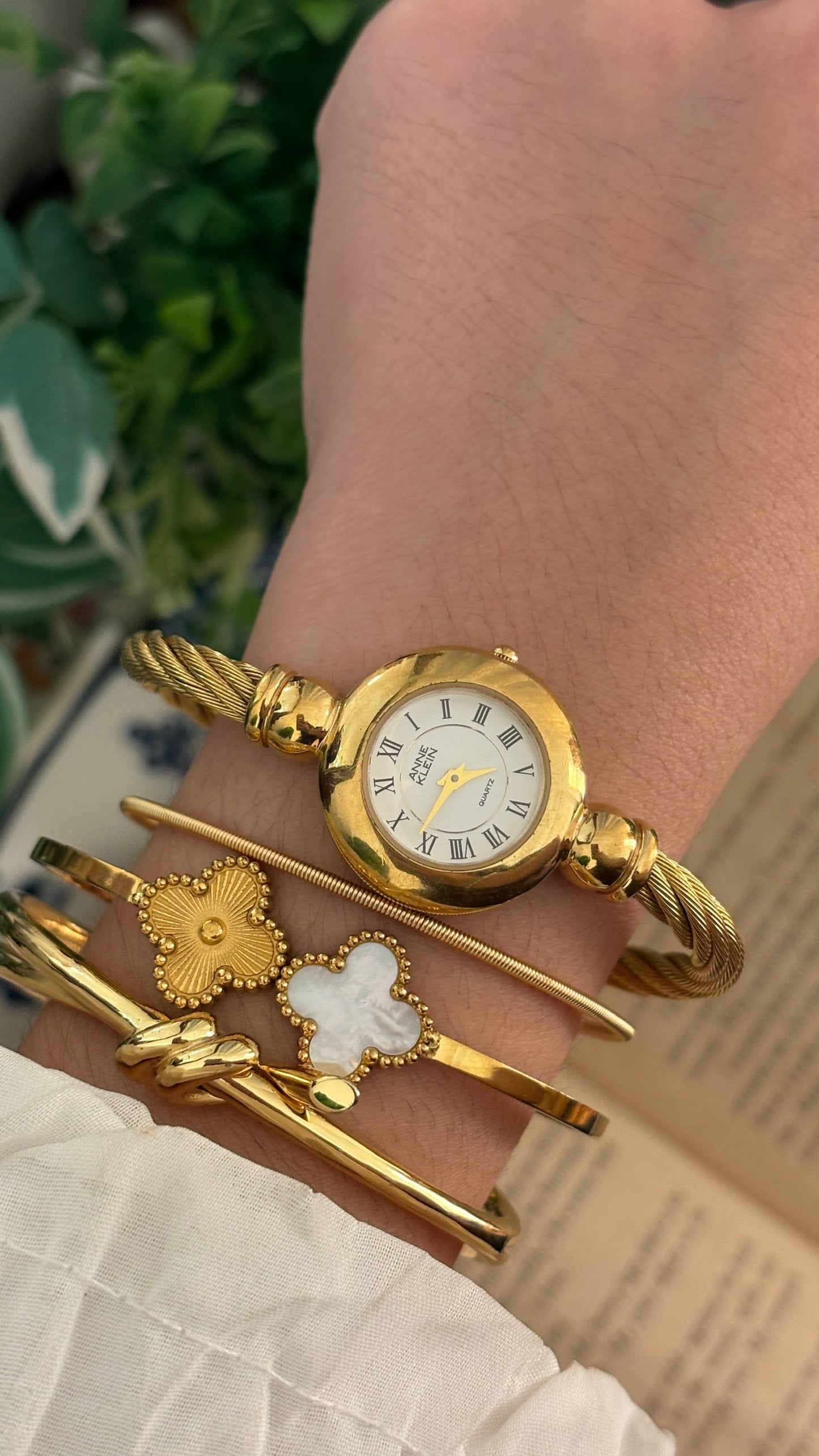 Rare Vintage Anne Klein Twisted Rope Bangle Watch in Gold Tone Quartz with Box