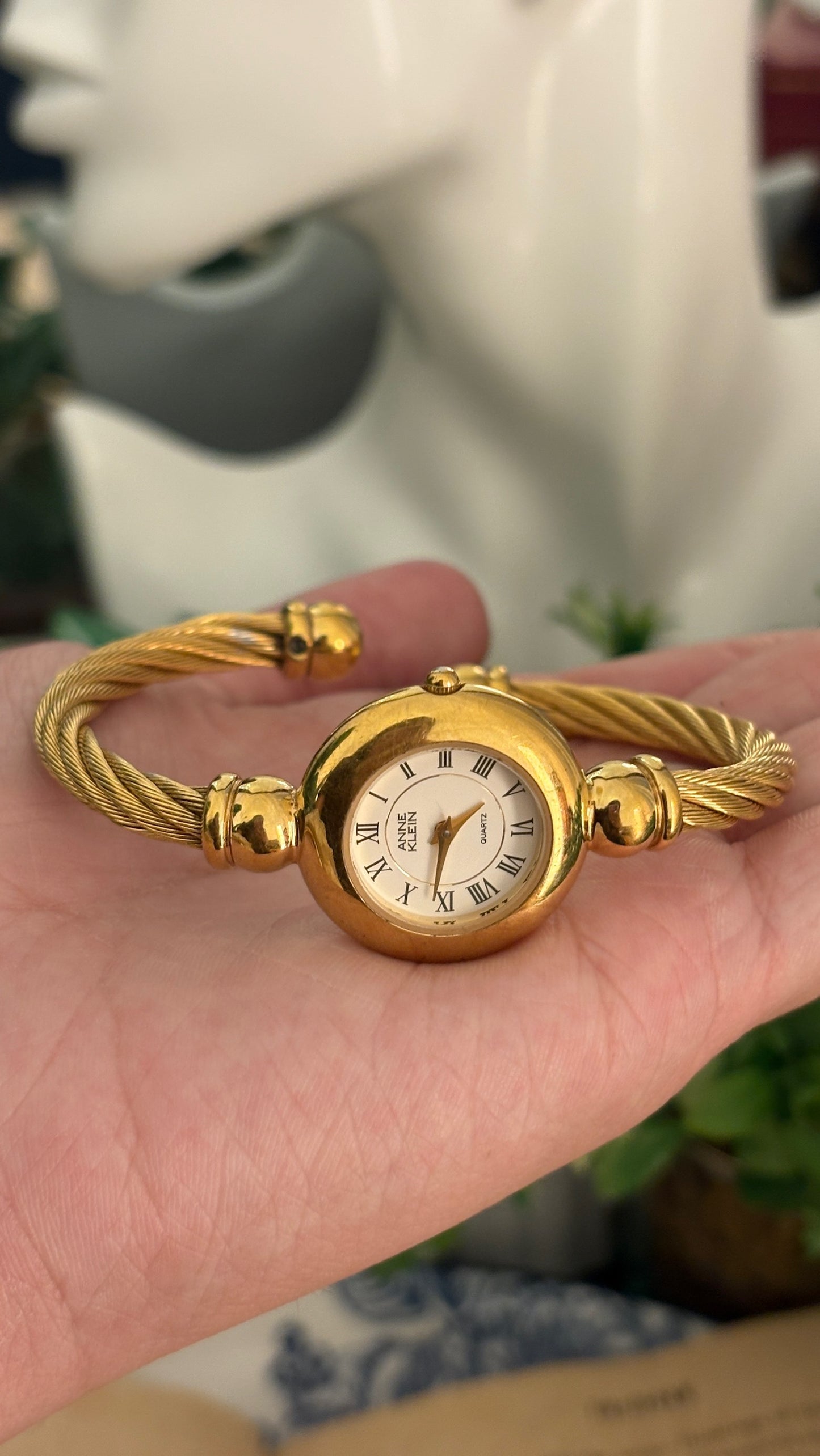 Rare Vintage Anne Klein Twisted Rope Bangle Watch in Gold Tone Quartz with Box