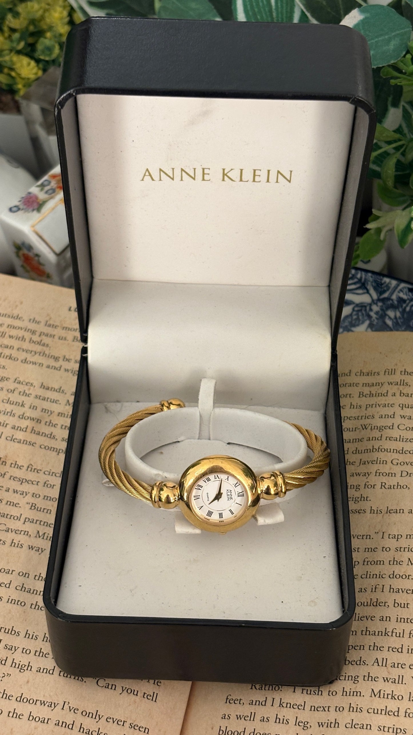 Rare Vintage Anne Klein Twisted Rope Bangle Watch in Gold Tone Quartz with Box