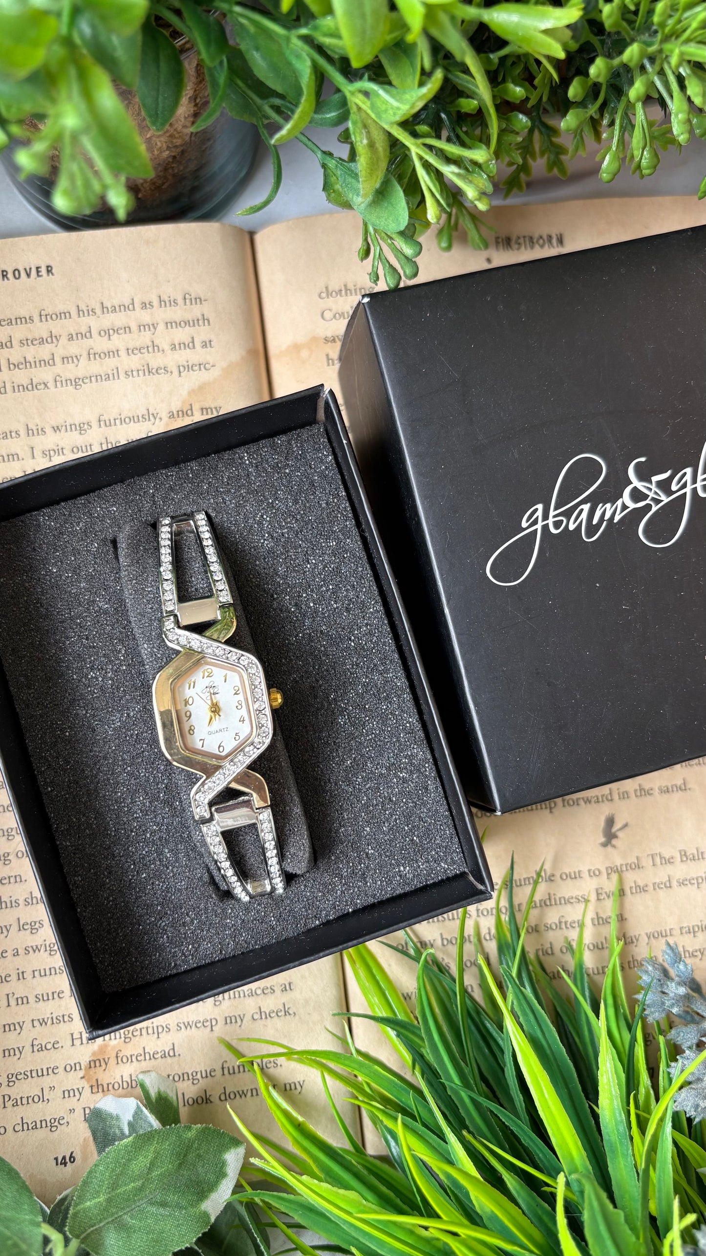 Rare Vintage Dainty Glam & Glow Elegant Semi-Bejeweled Stretchy Band Watch in Two-Tone Diamond Criss-Cross Dial Quartz NOS #00214