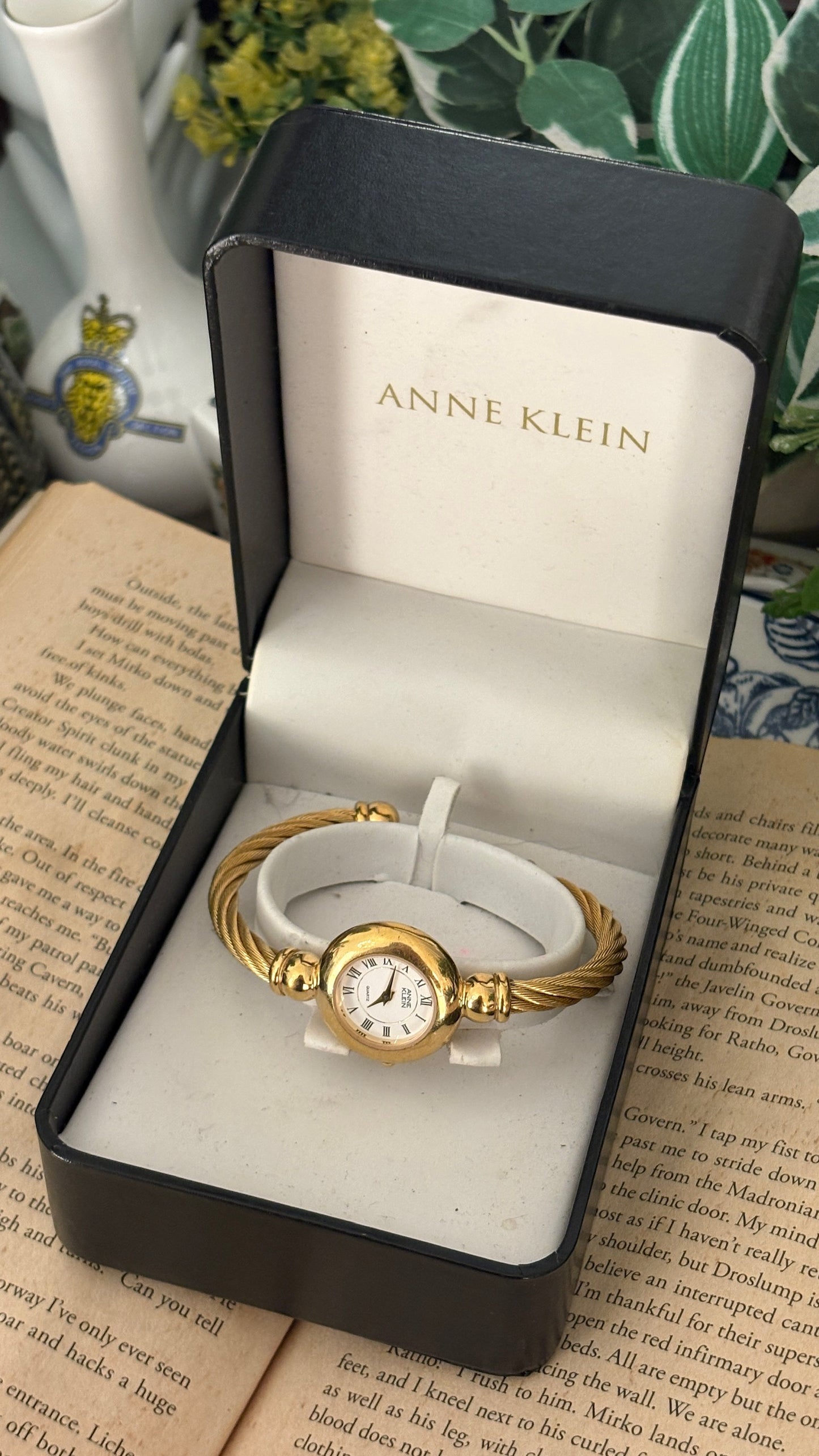 Rare Vintage Anne Klein Twisted Rope Bangle Watch in Gold Tone Quartz with Box