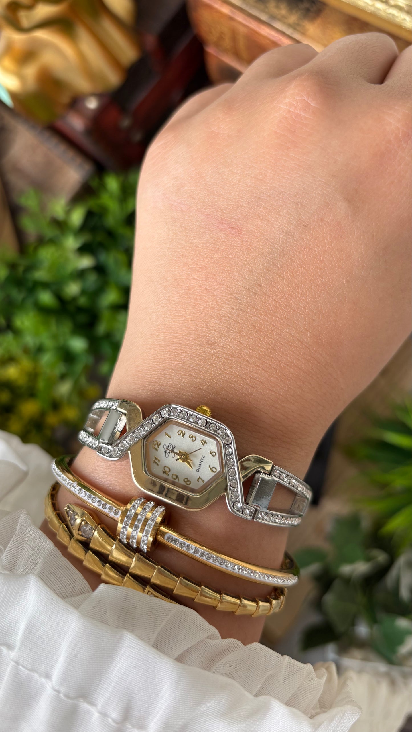 Rare Vintage Dainty Glam & Glow Elegant Semi-Bejeweled Stretchy Band Watch in Two-Tone Diamond Criss-Cross Dial Quartz NOS #00214