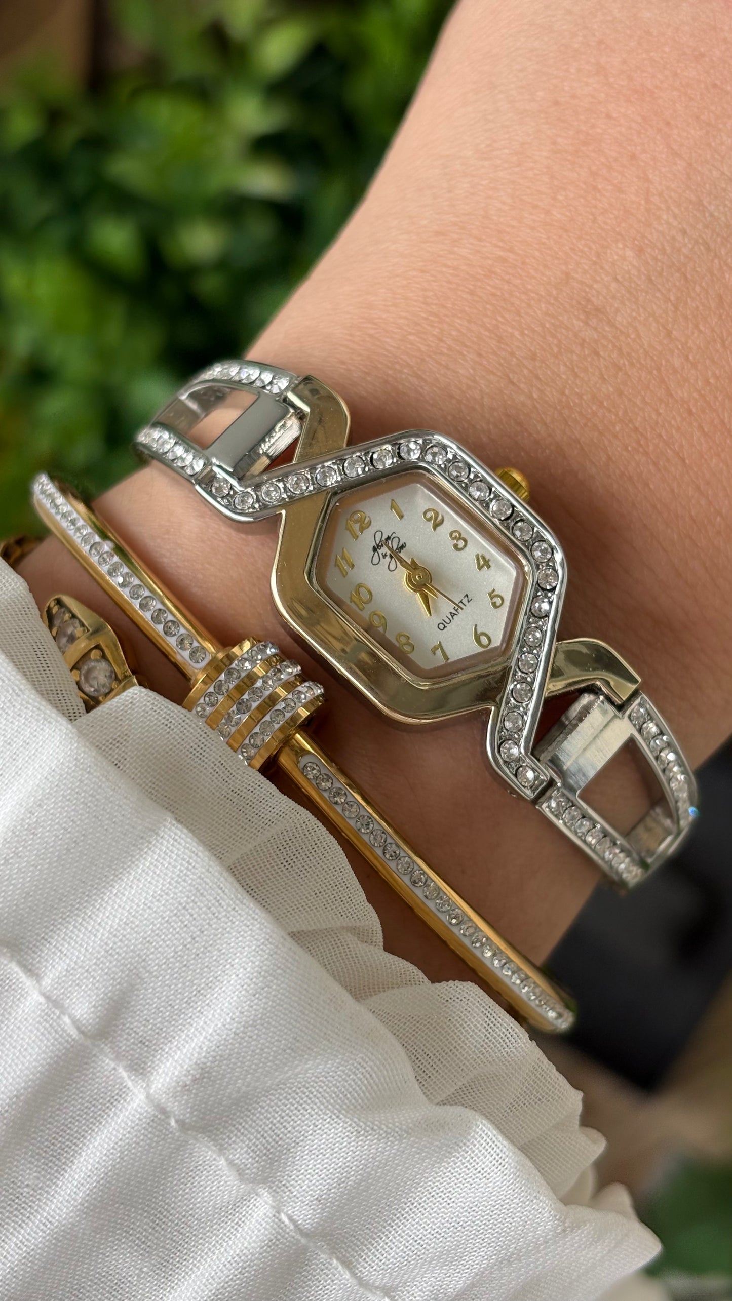 Rare Vintage Dainty Glam & Glow Elegant Semi-Bejeweled Stretchy Band Watch in Two-Tone Diamond Criss-Cross Dial Quartz NOS #00214