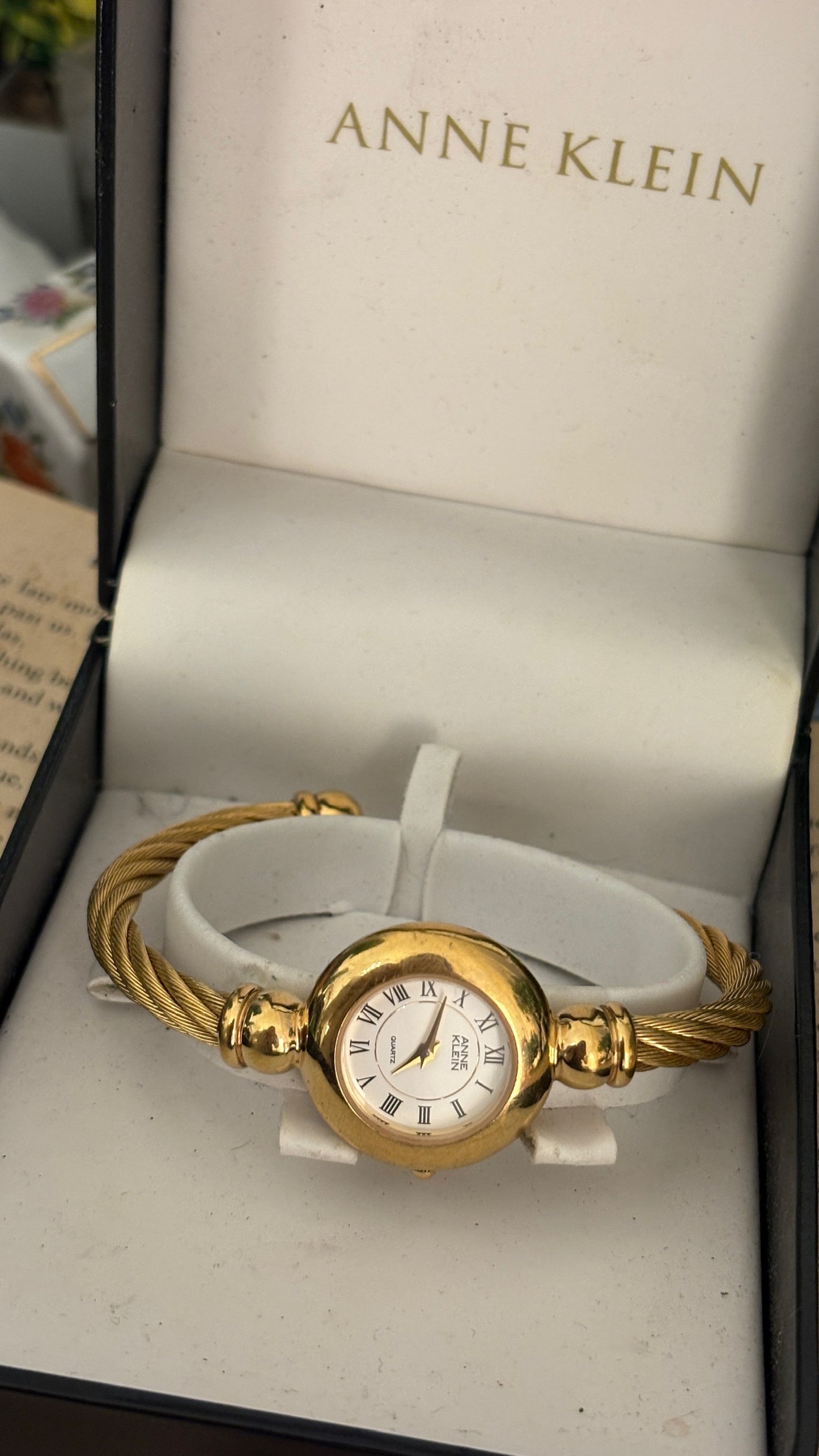 Rare Vintage Anne Klein Twisted Rope Bangle Watch in Gold Tone Quartz with Box