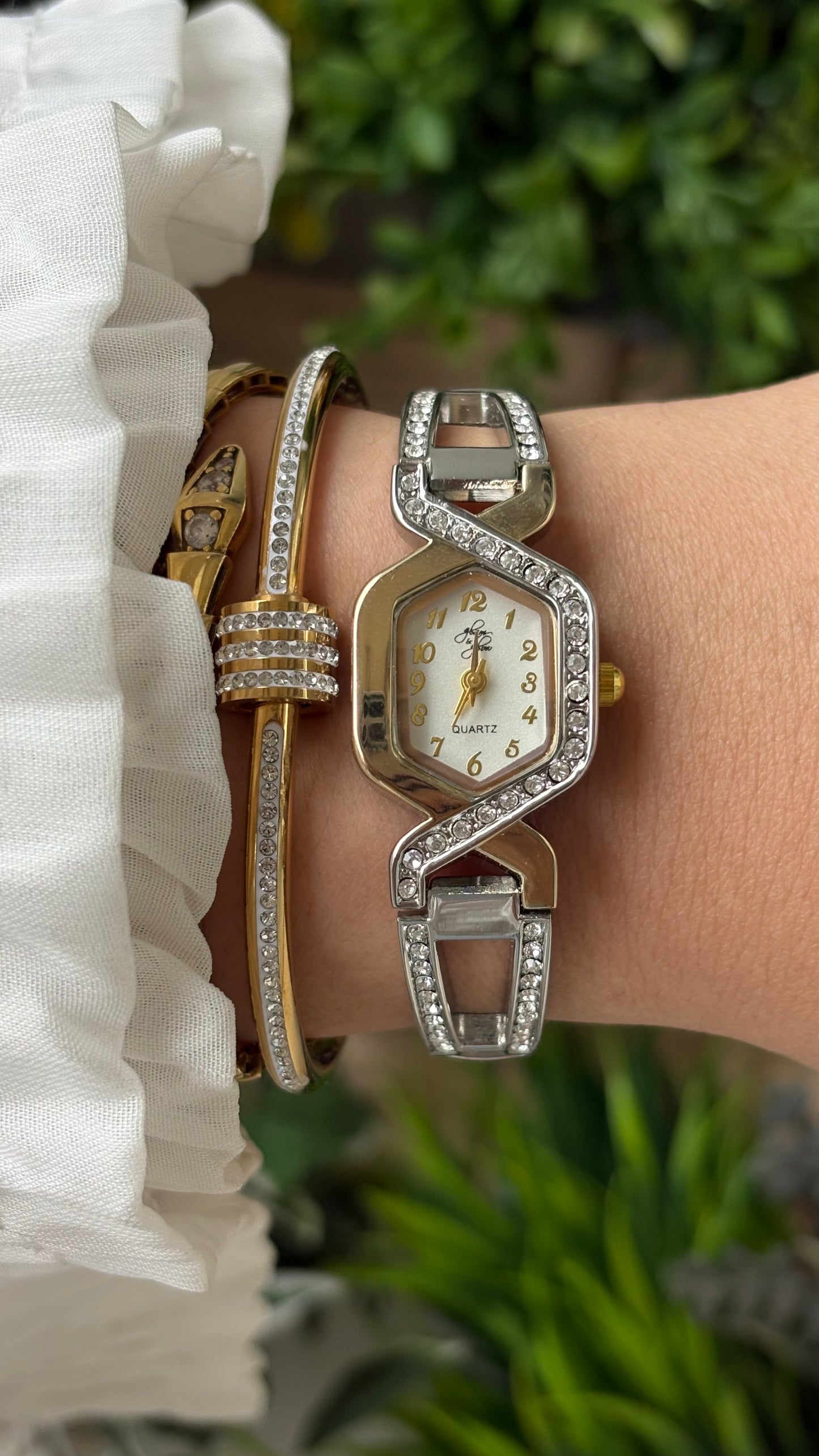 Rare Vintage Dainty Glam & Glow Elegant Semi-Bejeweled Stretchy Band Watch in Two-Tone Diamond Criss-Cross Dial Quartz NOS #00214