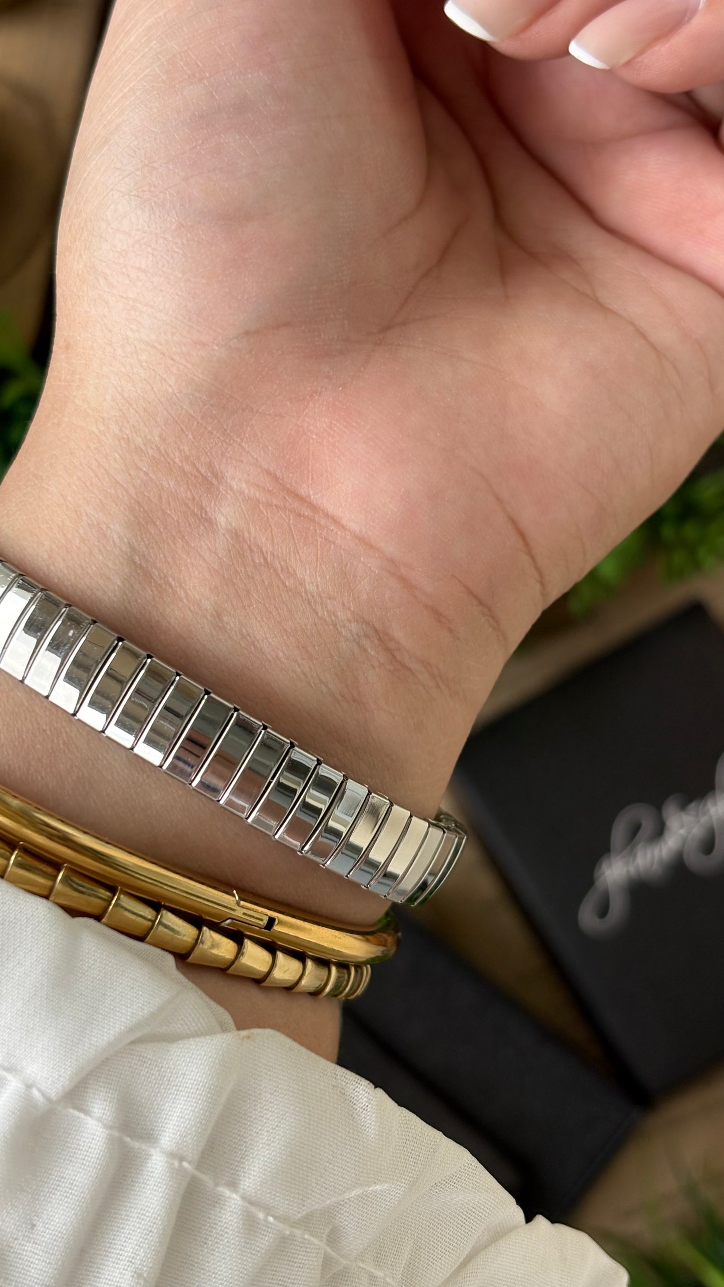 Rare Vintage Dainty Glam & Glow Elegant Semi-Bejeweled Stretchy Band Watch in Two-Tone Diamond Criss-Cross Dial Quartz NOS #00214