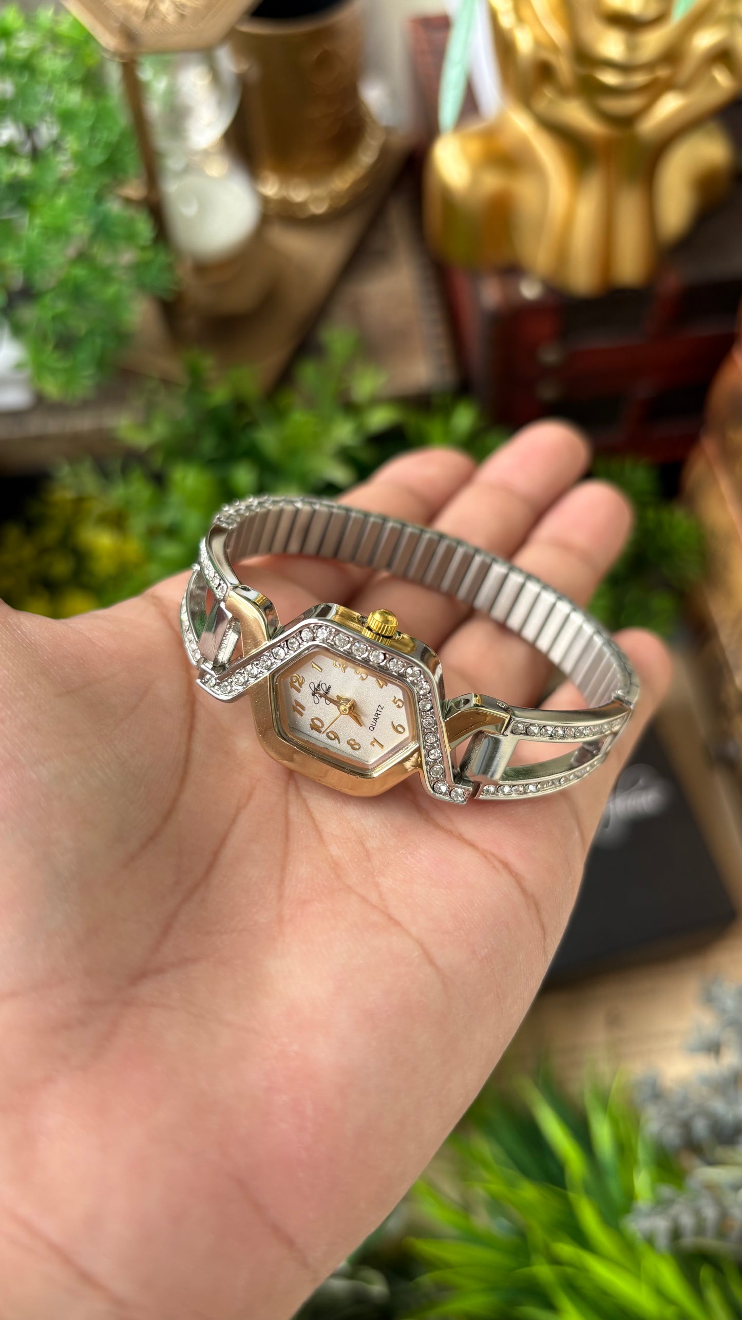 Rare Vintage Dainty Glam & Glow Elegant Semi-Bejeweled Stretchy Band Watch in Two-Tone Diamond Criss-Cross Dial Quartz NOS #00214