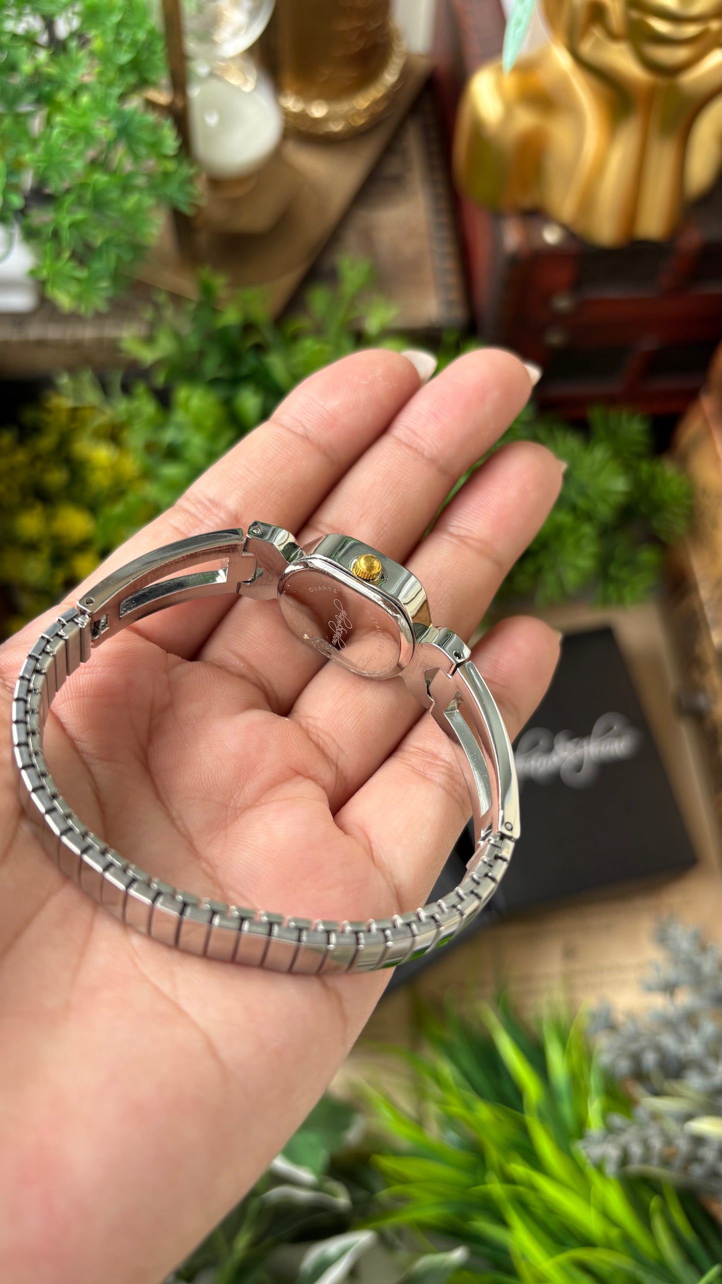 Rare Vintage Dainty Glam & Glow Elegant Semi-Bejeweled Stretchy Band Watch in Two-Tone Diamond Criss-Cross Dial Quartz NOS #00214