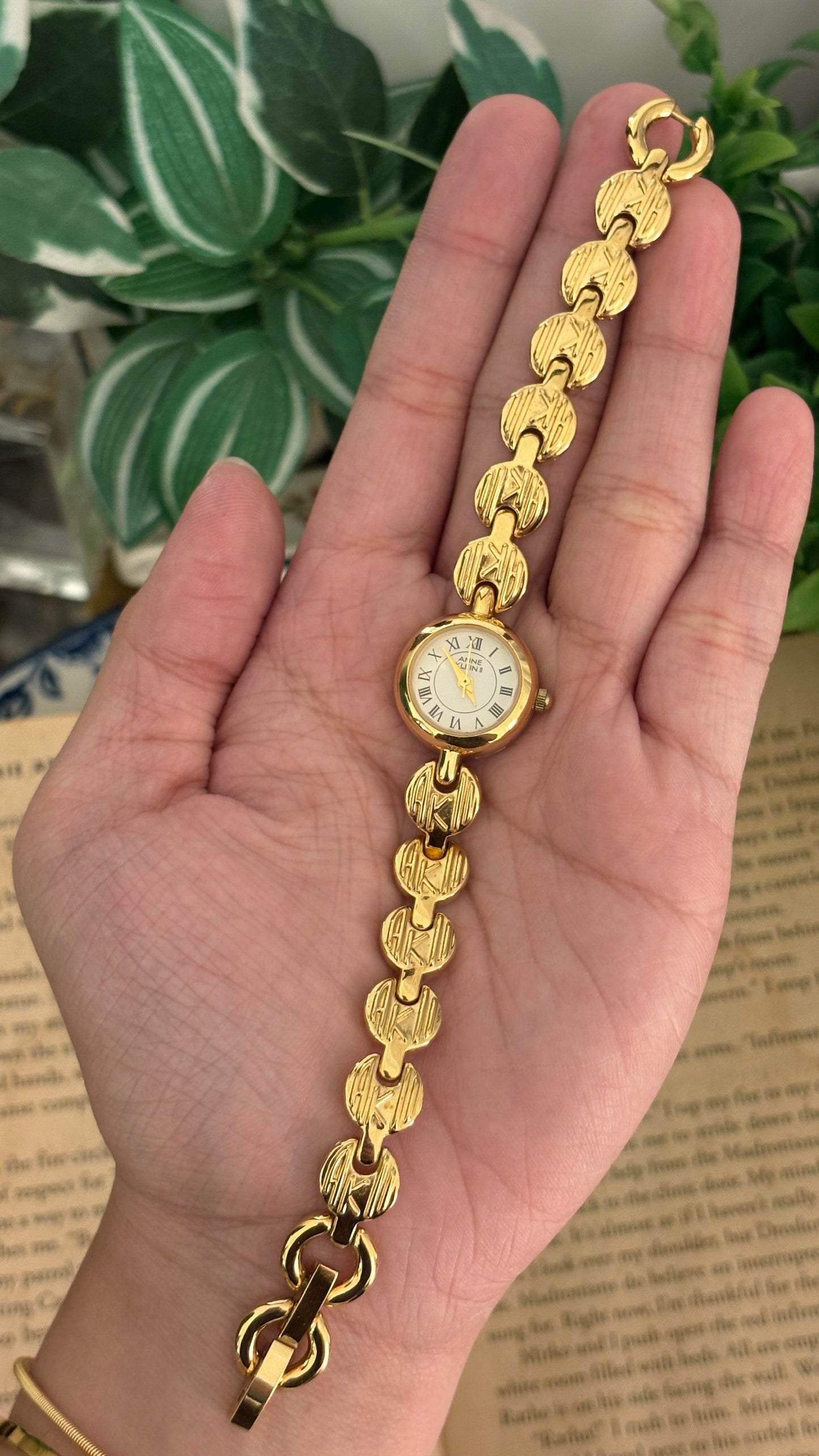 Rare Vintage Anne Klein Logo Bracelet Watch in Gold Tone Quartz with Box